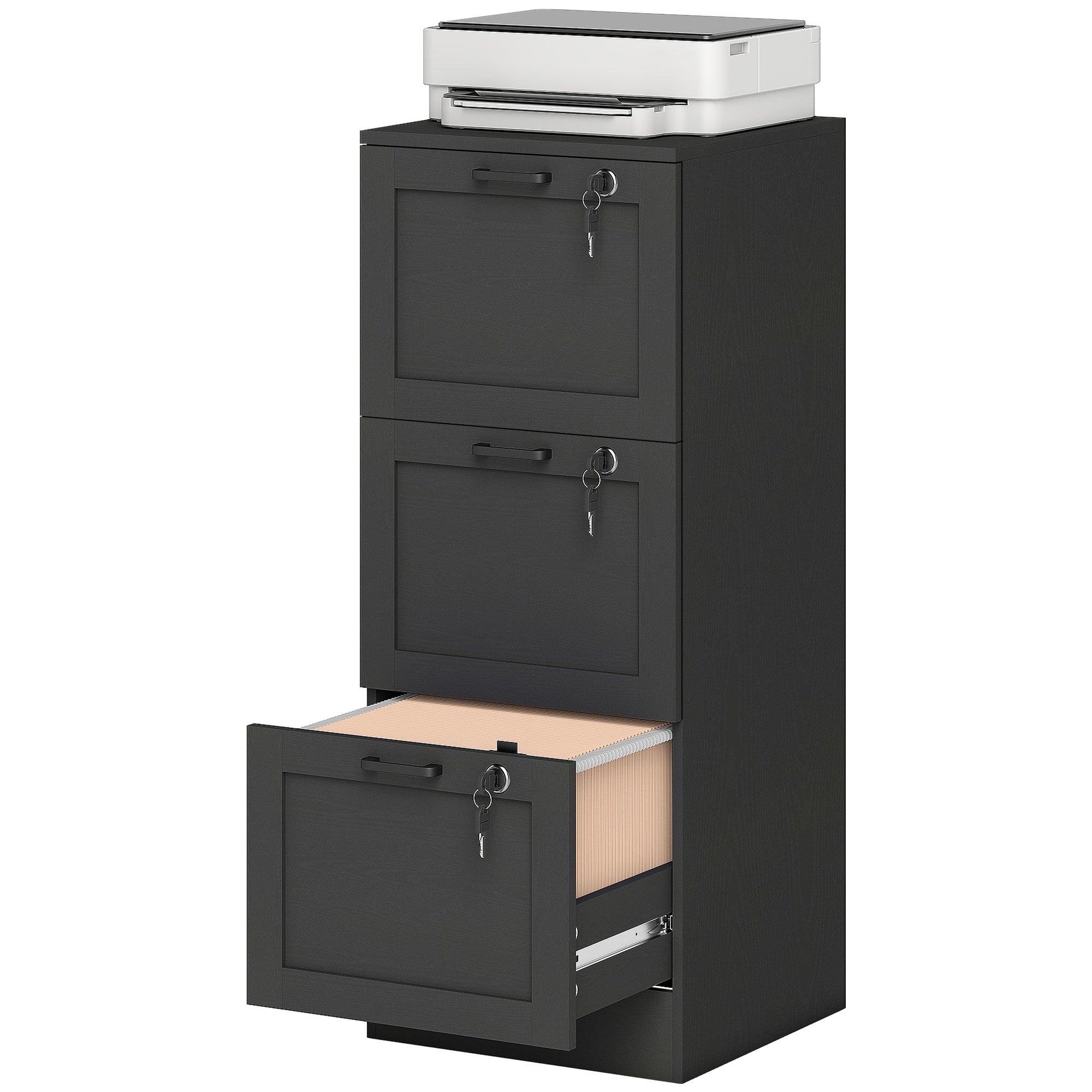 3-Drawer Vertical Filing Cabinet with Lock - Black Wood MDF-Office Products > Office Furniture > Office Cabinets & Cupboards-DECOROLALA