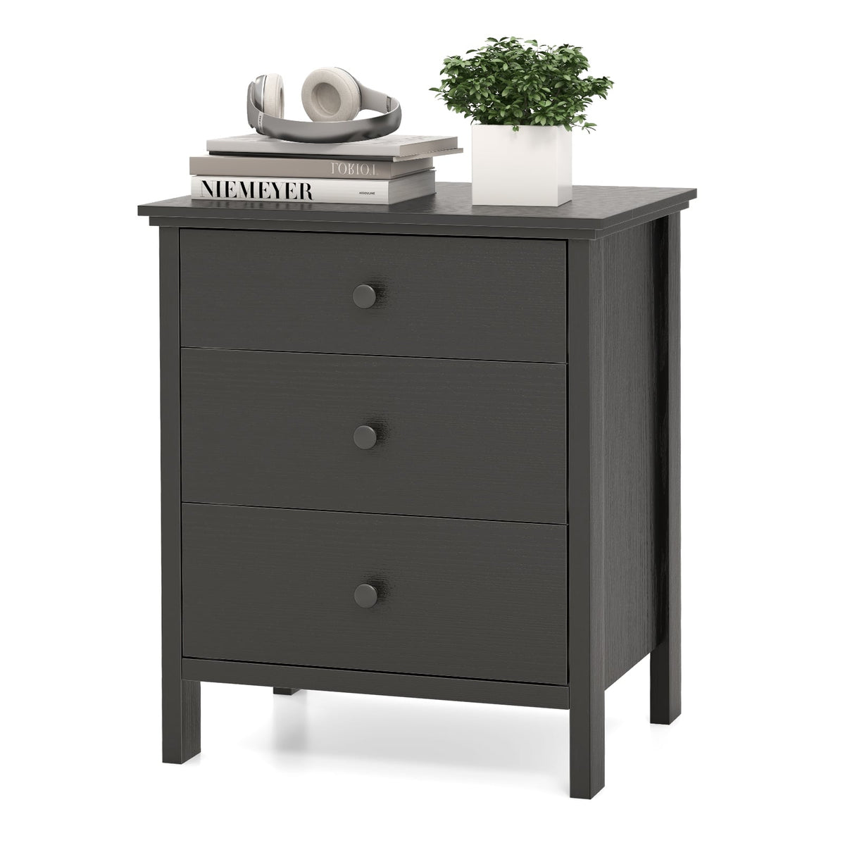 3-Drawer Wooden Nightstand Modern Bedside Table-Black-Nightstands-DECOROLALA