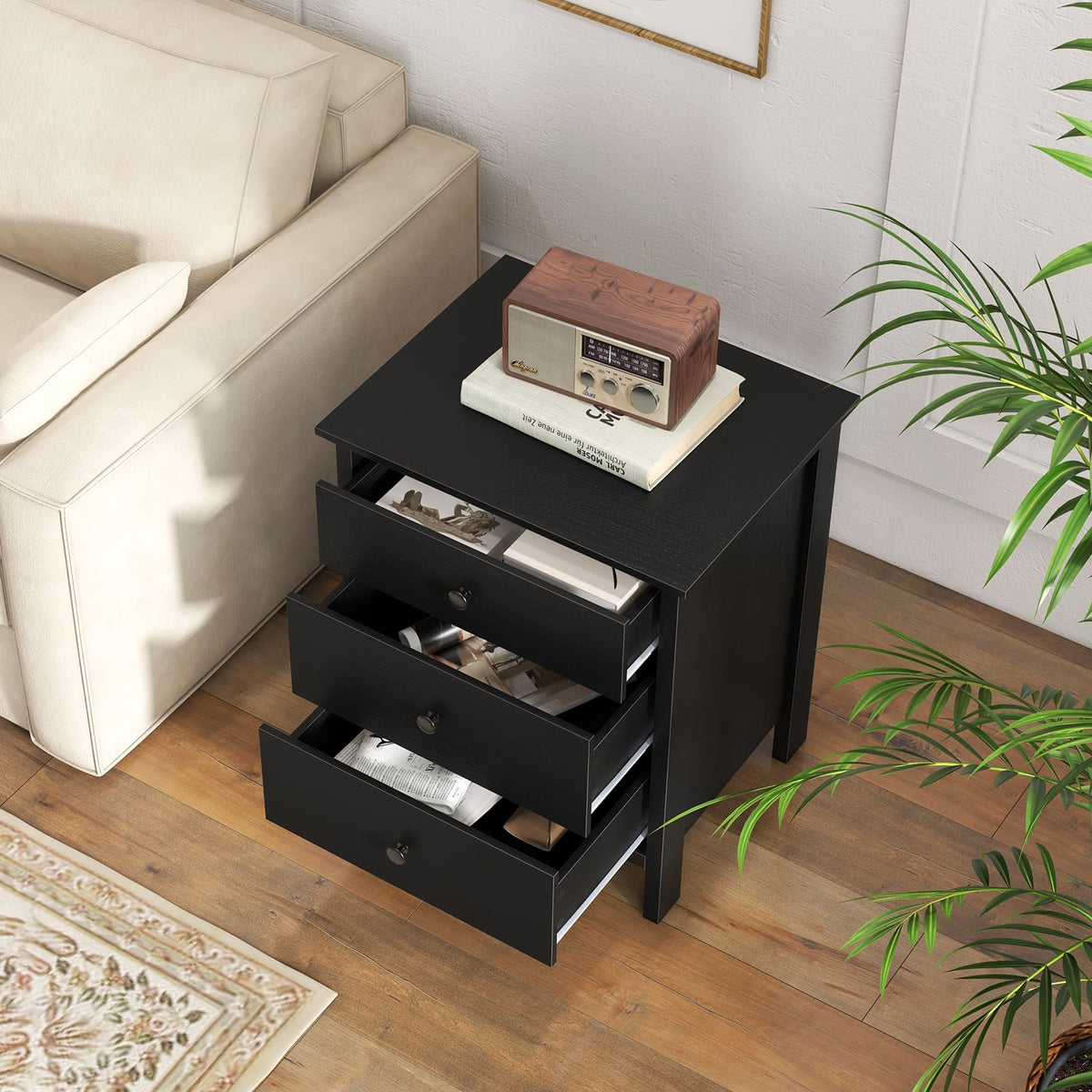 3-Drawer Wooden Nightstand Modern Bedside Table-Black-Nightstands-DECOROLALA