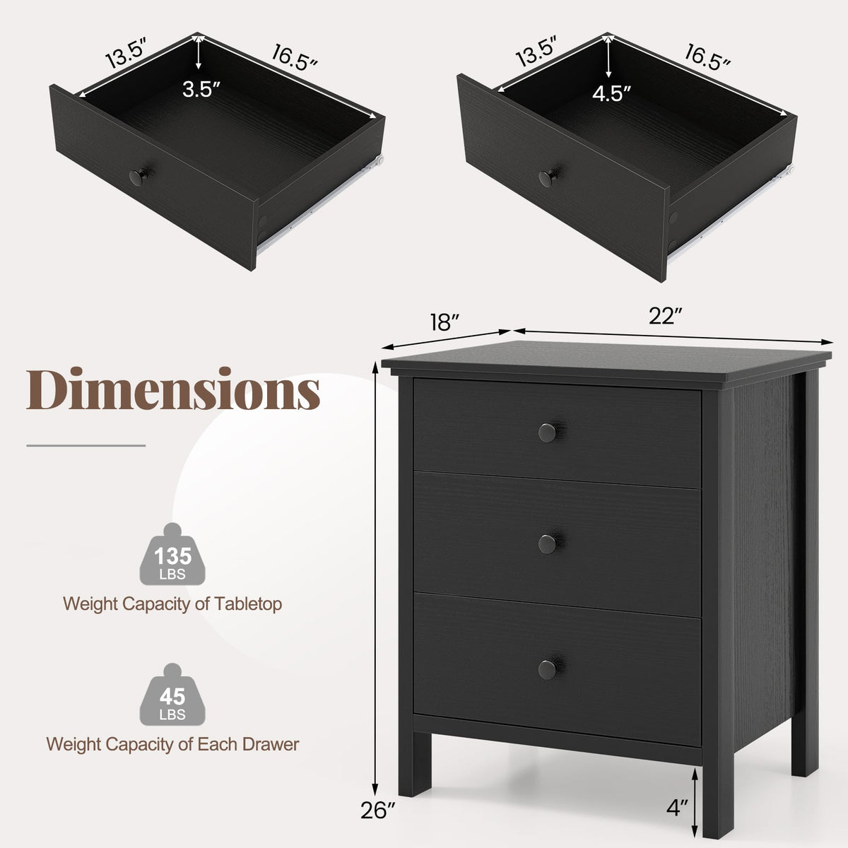 3-Drawer Wooden Nightstand Modern Bedside Table-Black-Nightstands-DECOROLALA