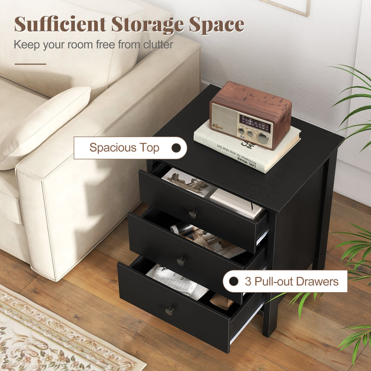 3-Drawer Wooden Nightstand Modern Bedside Table-Black-Nightstands-DECOROLALA