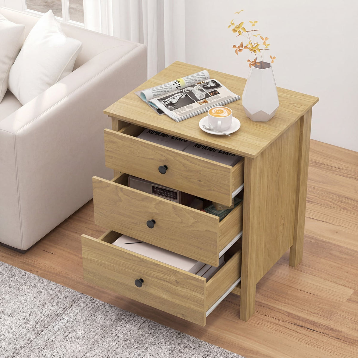 3-Drawer Wooden Nightstand Modern Bedside Table-Natural-Nightstands-DECOROLALA