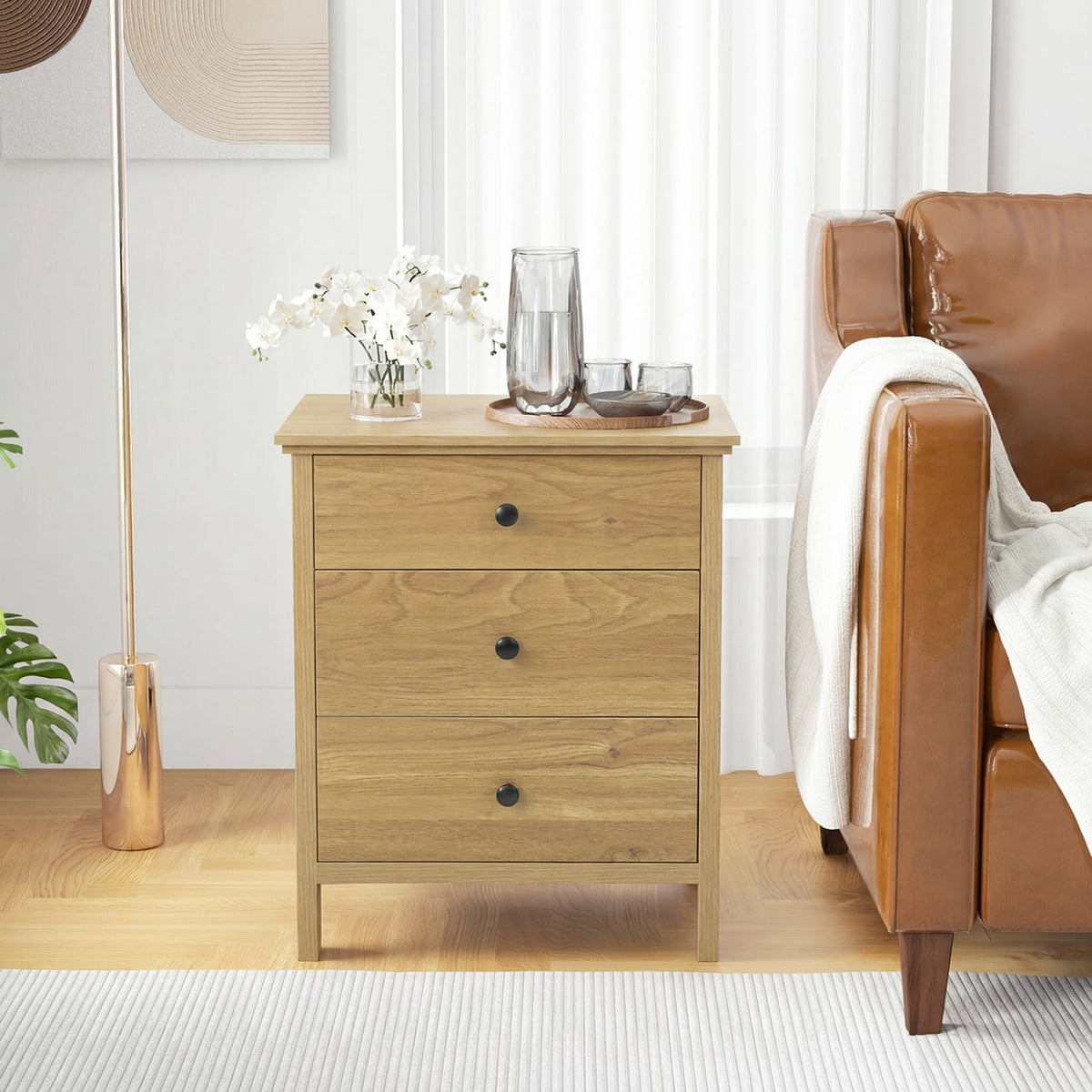 3-Drawer Wooden Nightstand Modern Bedside Table-Natural-Nightstands-DECOROLALA