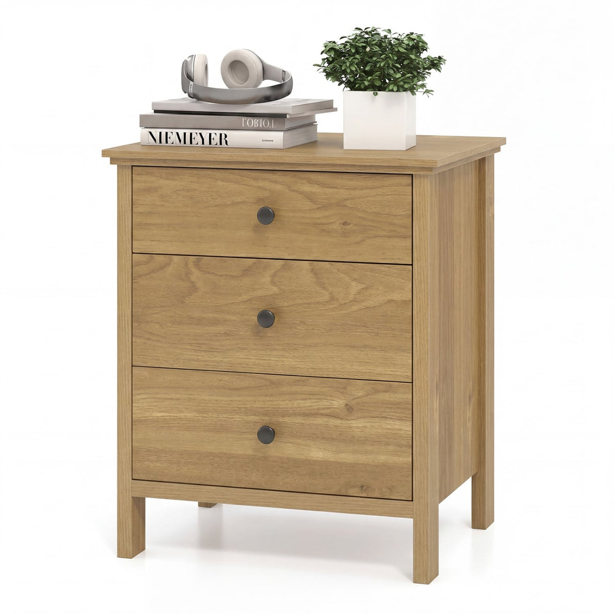 3-Drawer Wooden Nightstand Modern Bedside Table-Natural-Nightstands-DECOROLALA