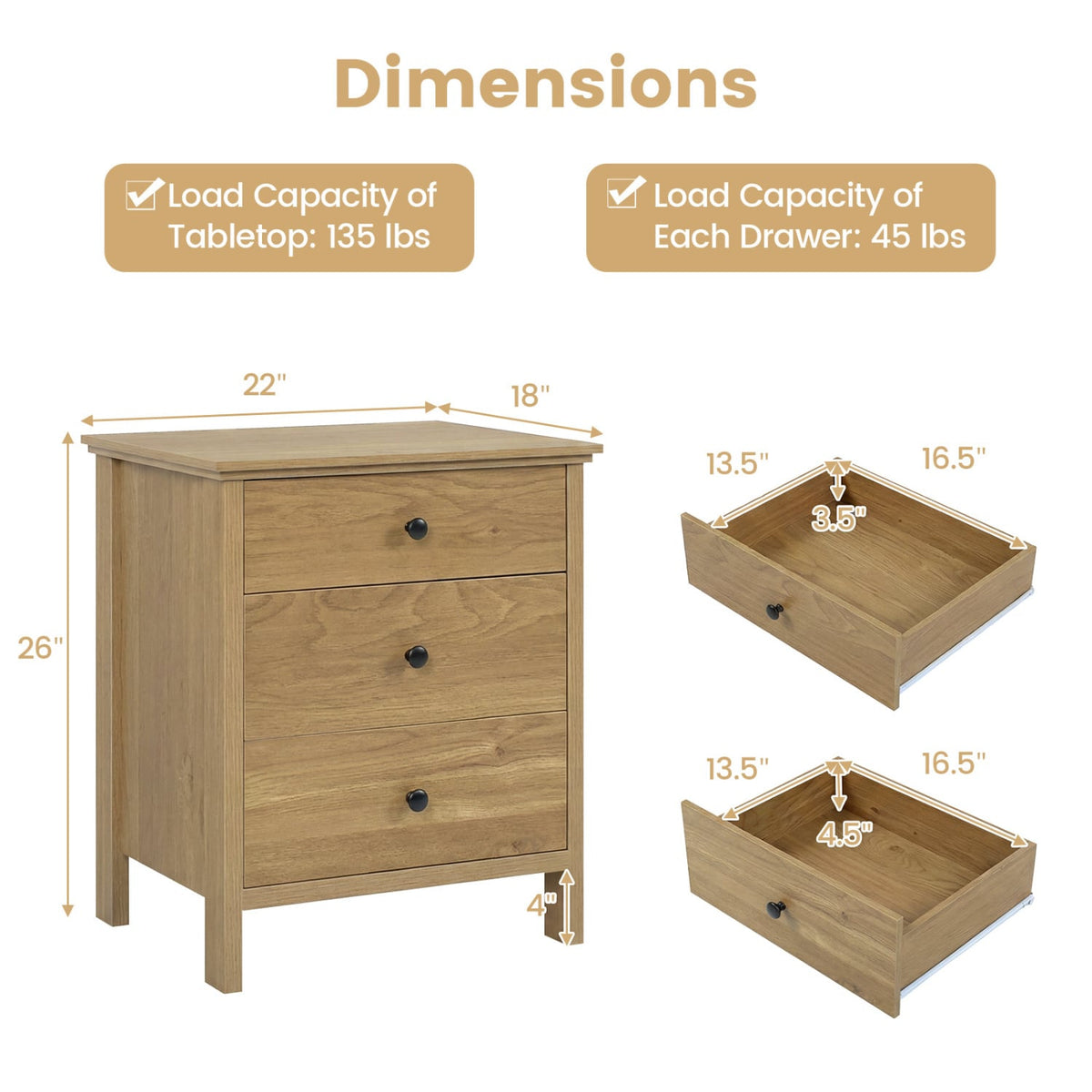 3-Drawer Wooden Nightstand Modern Bedside Table-Natural-Nightstands-DECOROLALA
