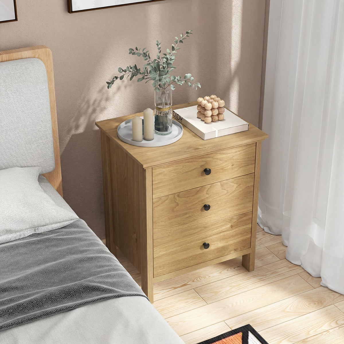 3-Drawer Wooden Nightstand Modern Bedside Table-Natural-Nightstands-DECOROLALA