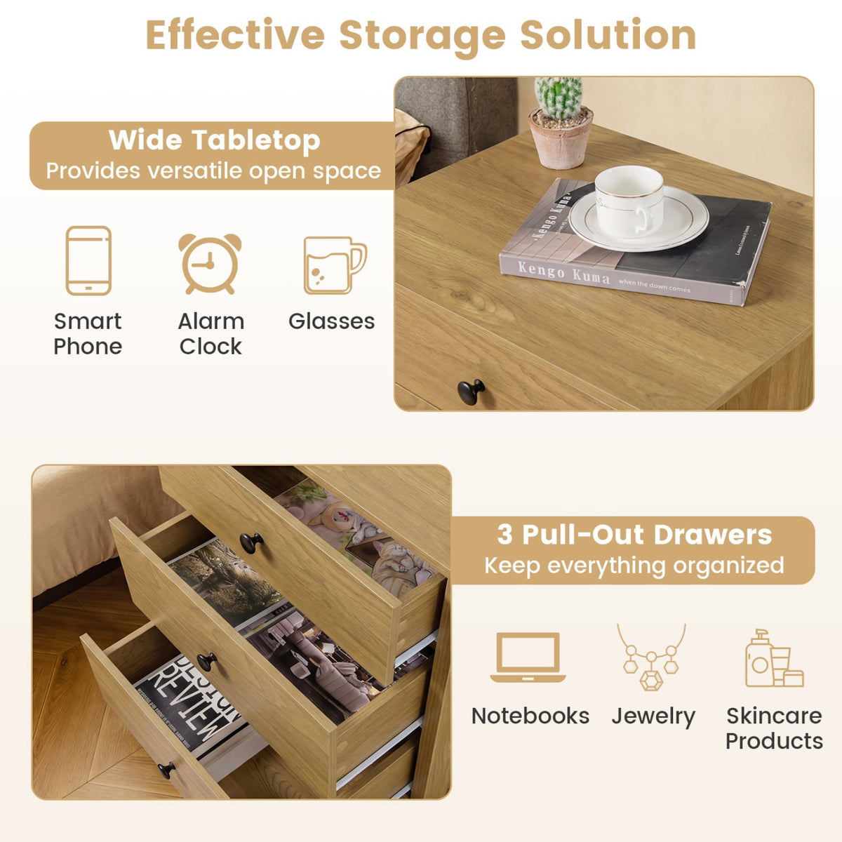 3-Drawer Wooden Nightstand Modern Bedside Table-Natural-Nightstands-DECOROLALA