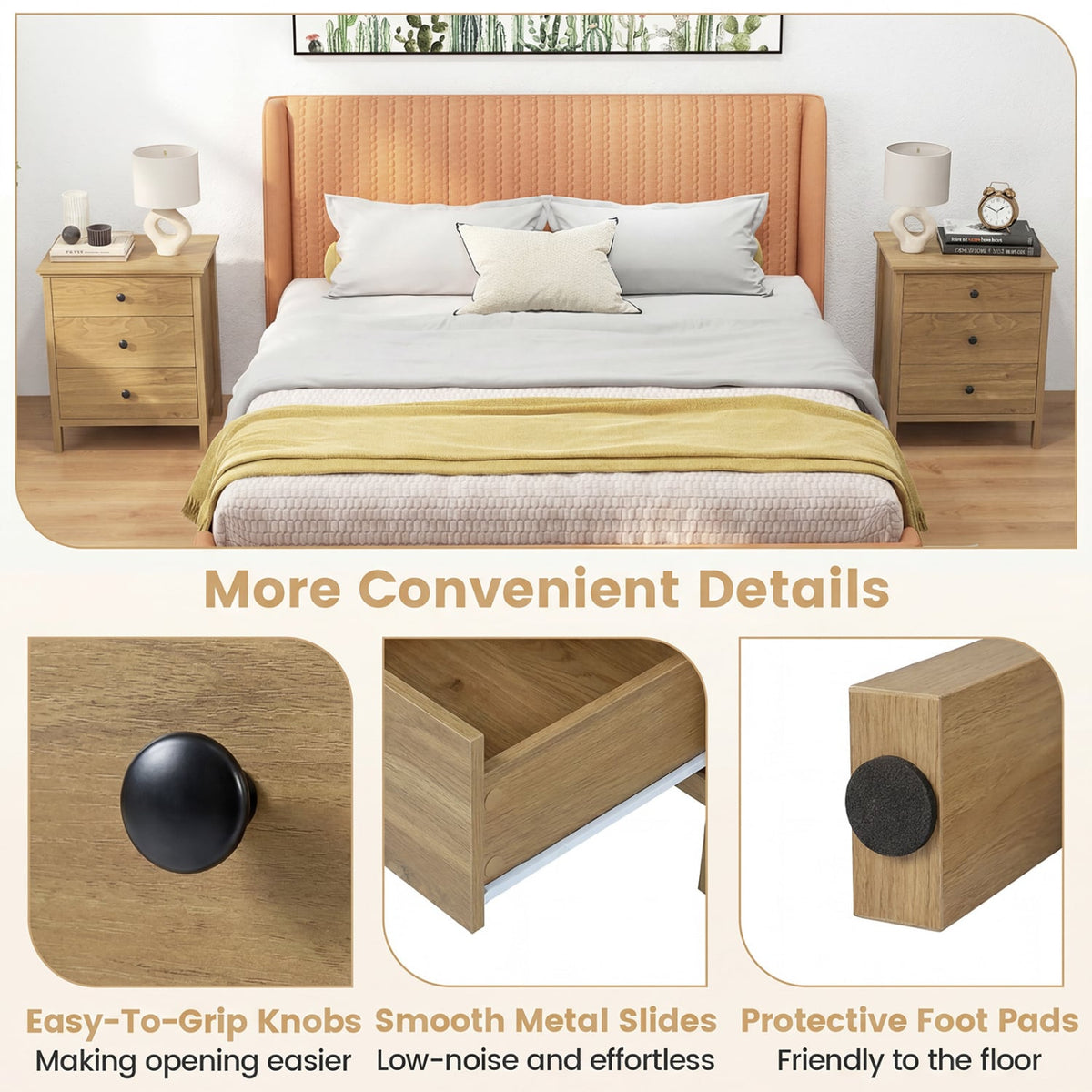 3-Drawer Wooden Nightstand Modern Bedside Table-Natural-Nightstands-DECOROLALA