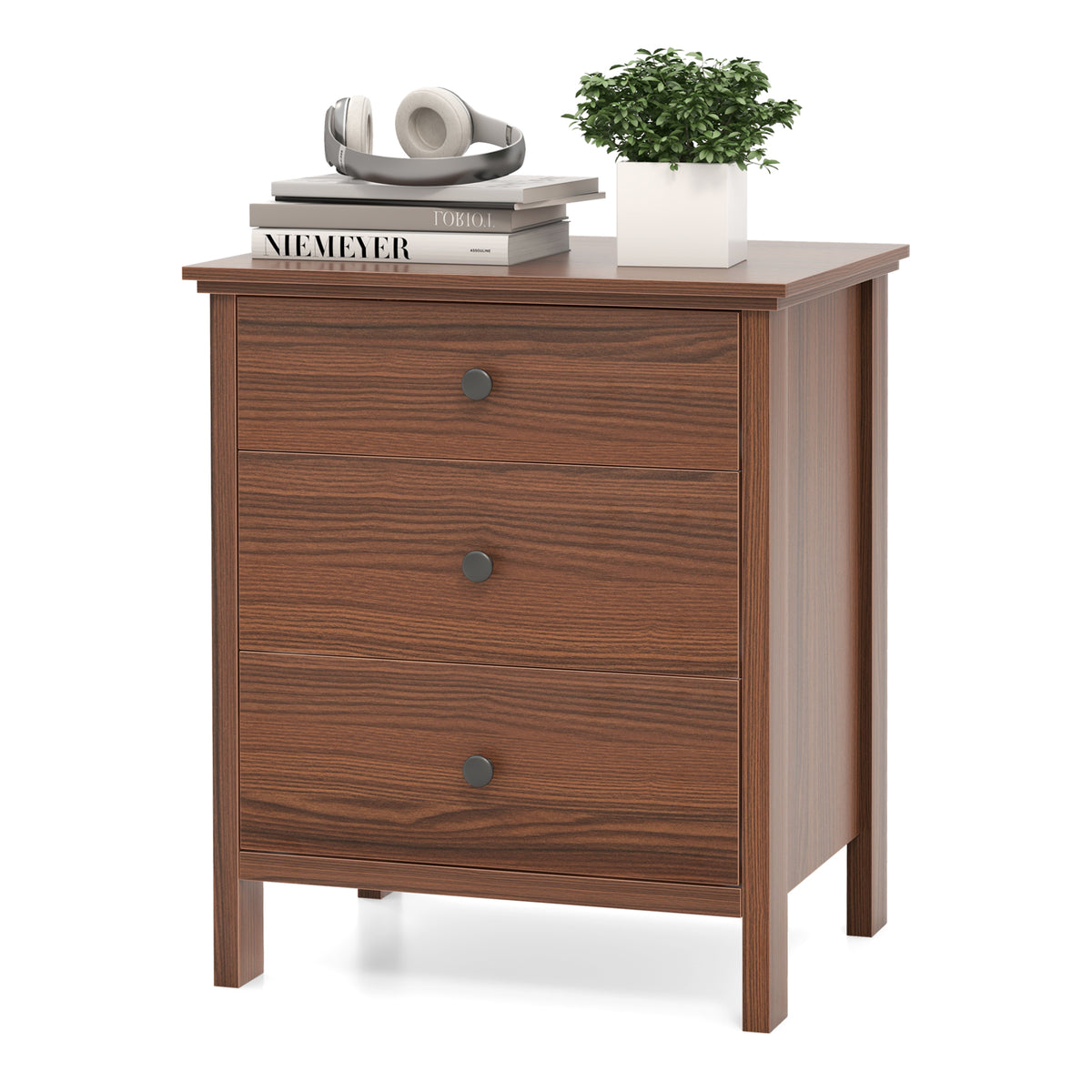 3-Drawer Wooden Nightstand Modern Bedside Table-Walnut-Nightstands-DECOROLALA