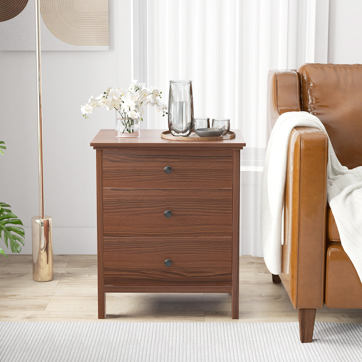 3-Drawer Wooden Nightstand Modern Bedside Table-Walnut-Nightstands-DECOROLALA