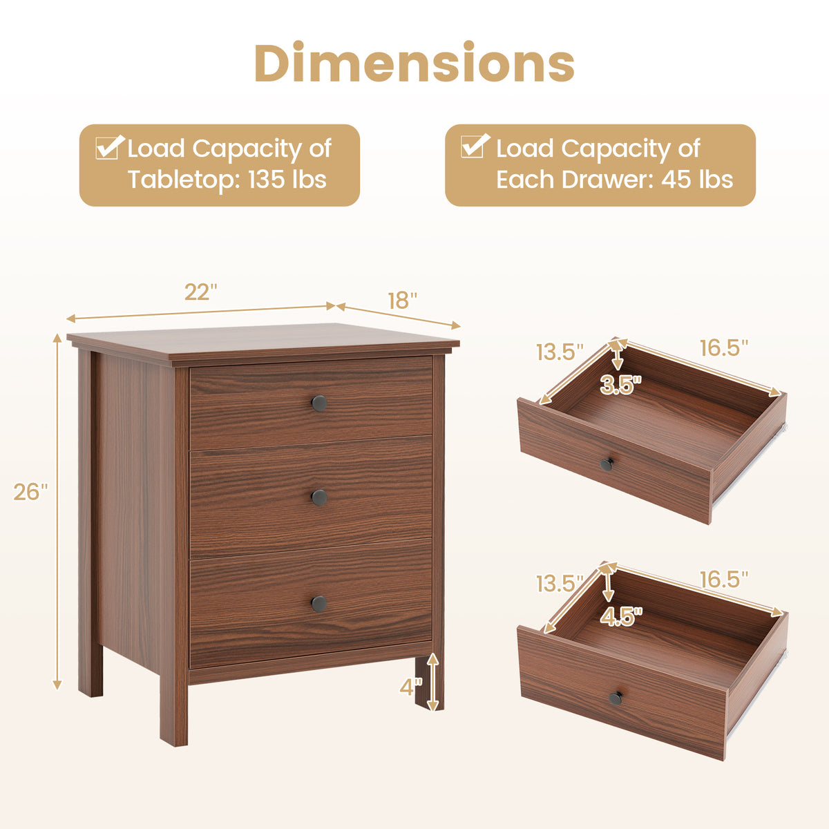 3-Drawer Wooden Nightstand Modern Bedside Table-Walnut-Nightstands-DECOROLALA