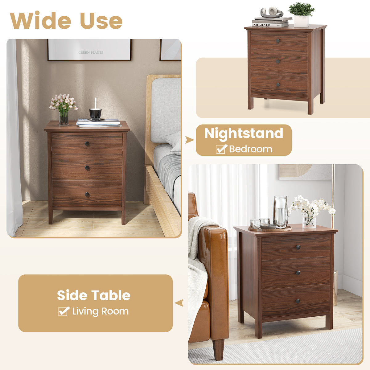 3-Drawer Wooden Nightstand Modern Bedside Table-Walnut-Nightstands-DECOROLALA