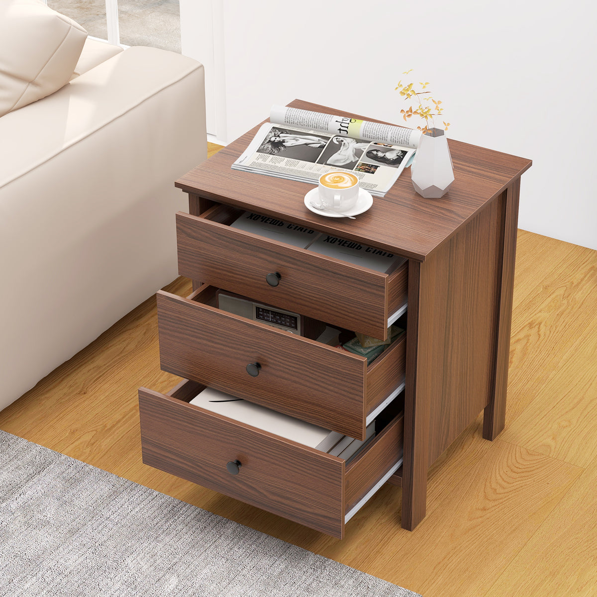 3-Drawer Wooden Nightstand Modern Bedside Table-Walnut-Nightstands-DECOROLALA