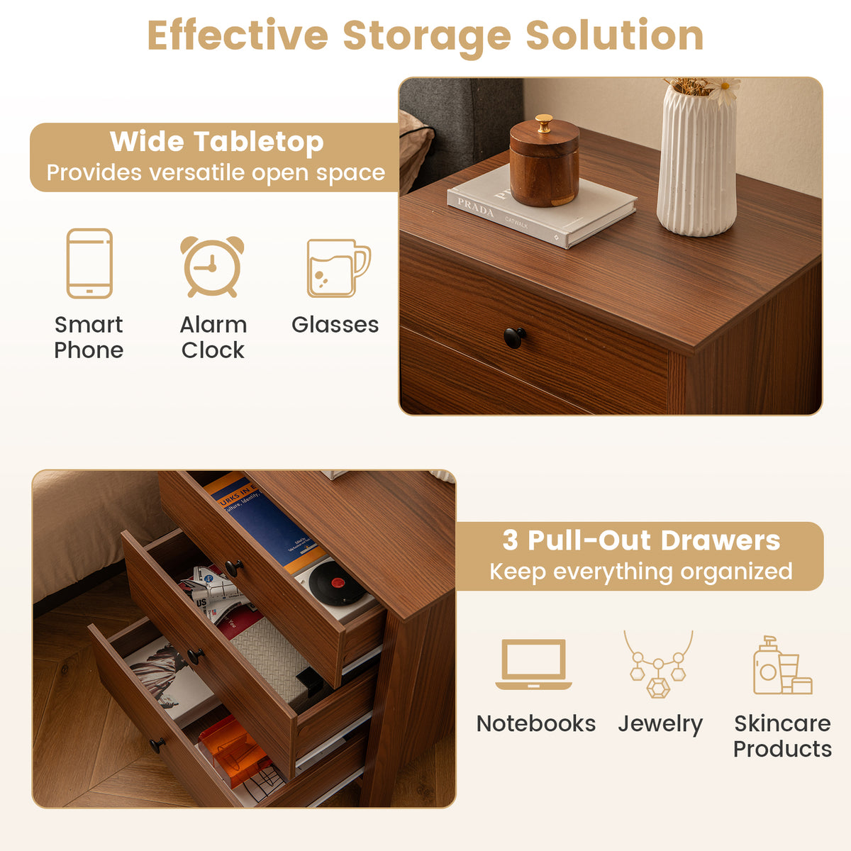 3-Drawer Wooden Nightstand Modern Bedside Table-Walnut-Nightstands-DECOROLALA