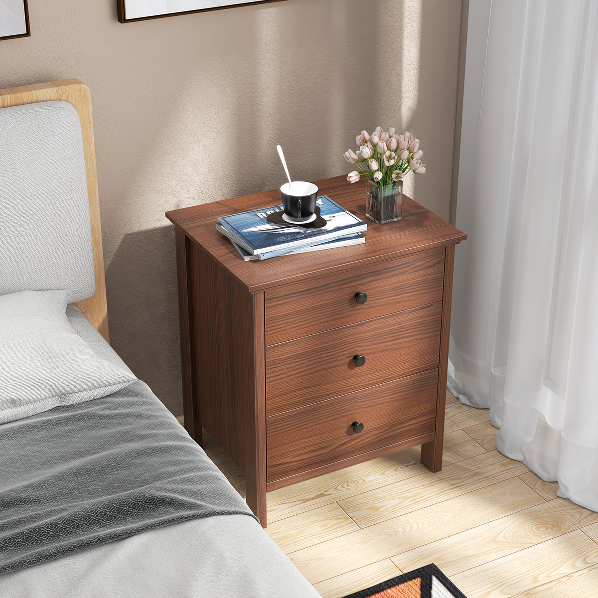 3-Drawer Wooden Nightstand Modern Bedside Table-Walnut-Nightstands-DECOROLALA