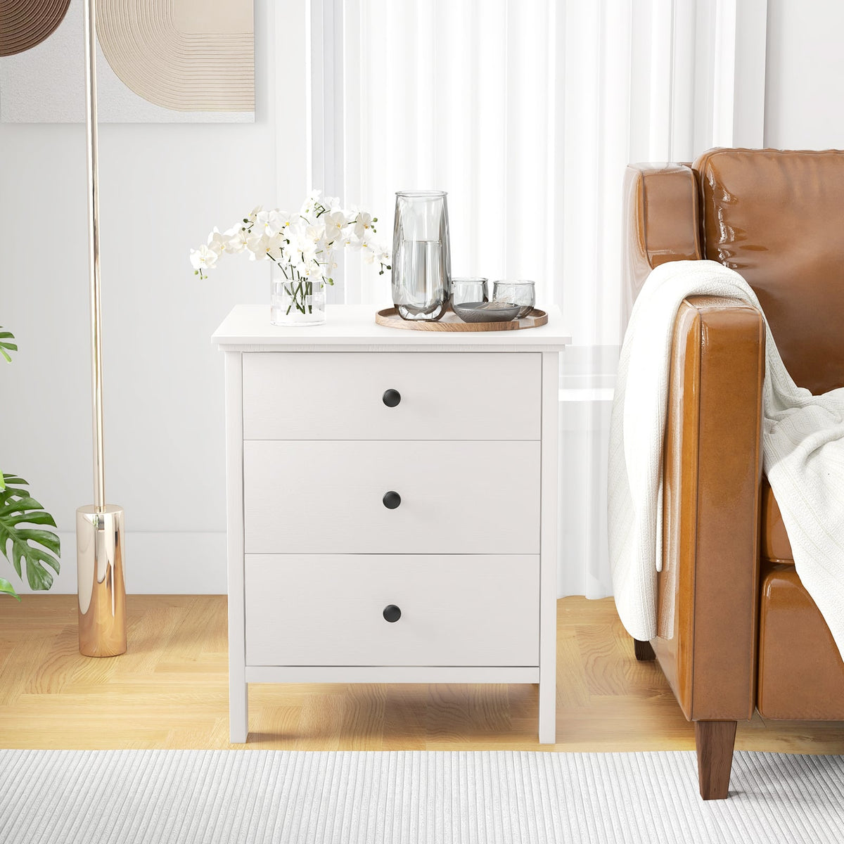 3-Drawer Wooden Nightstand Modern Bedside Table-White-Nightstands-DECOROLALA