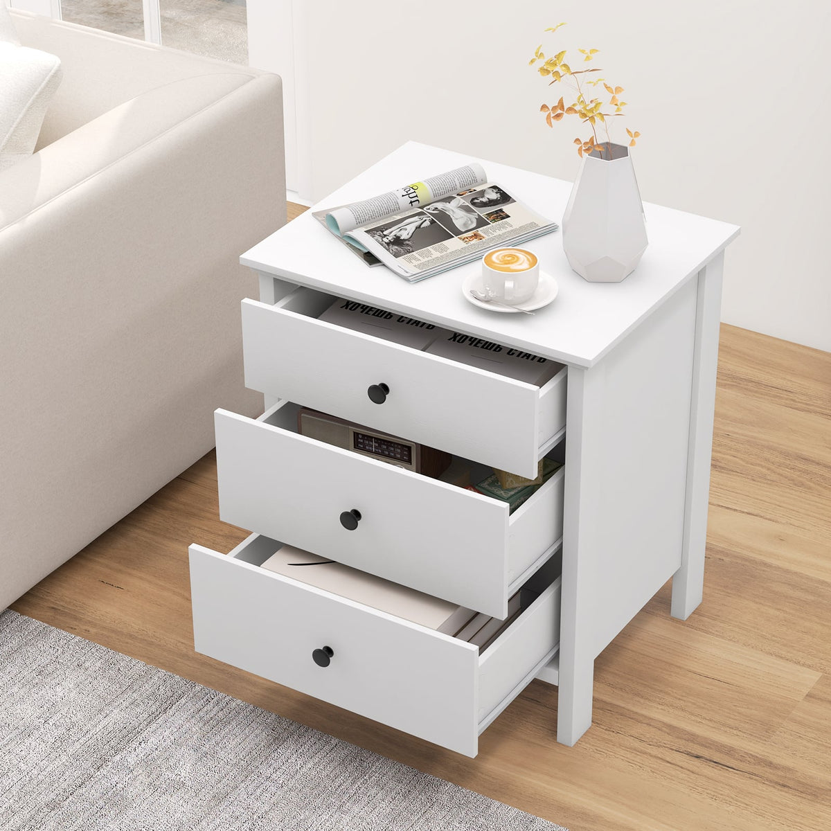 3-Drawer Wooden Nightstand Modern Bedside Table-White-Nightstands-DECOROLALA