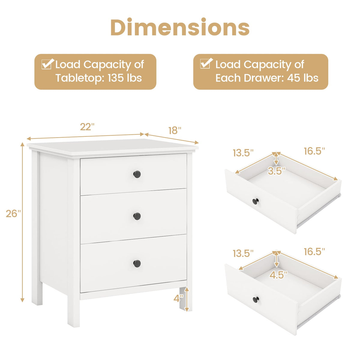 3-Drawer Wooden Nightstand Modern Bedside Table-White-Nightstands-DECOROLALA