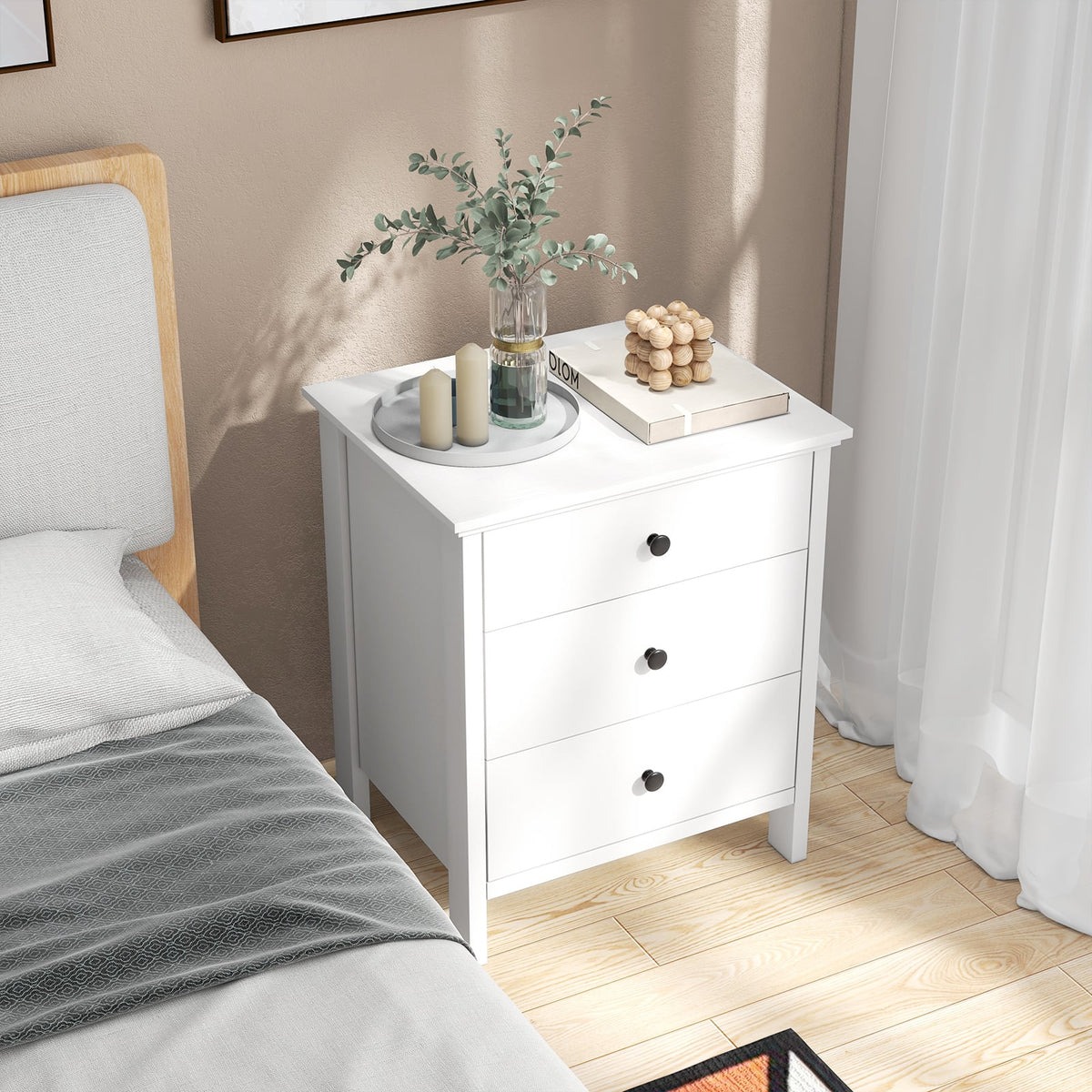 3-Drawer Wooden Nightstand Modern Bedside Table-White-Nightstands-DECOROLALA