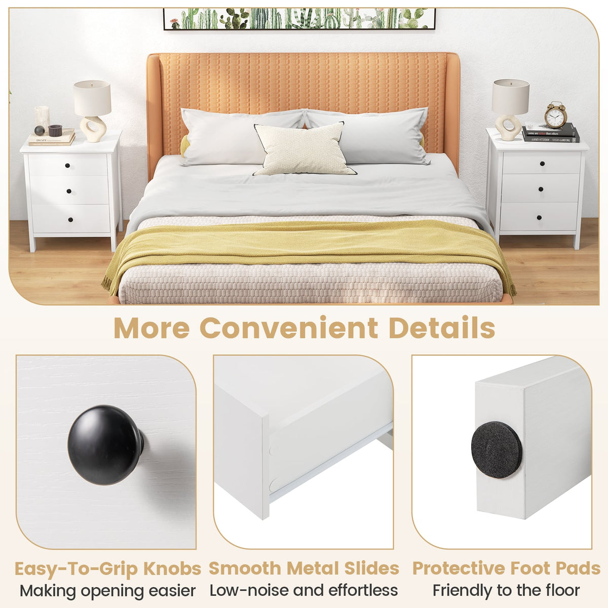 3-Drawer Wooden Nightstand Modern Bedside Table-White-Nightstands-DECOROLALA