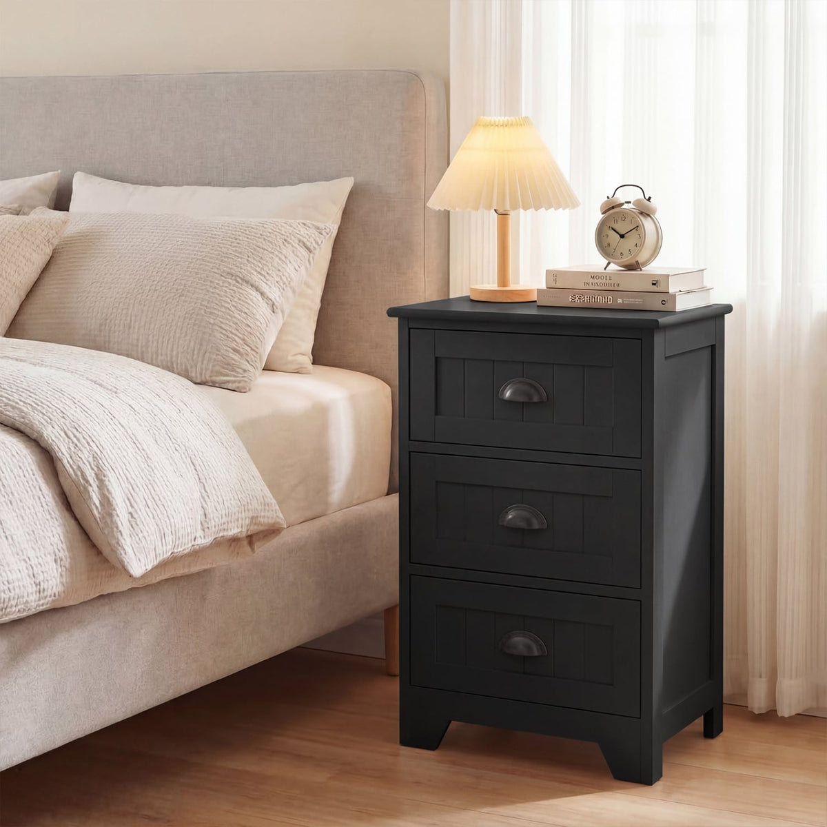 3 Drawers End Storage Wood Side Nightstand-Black-Nightstands-DECOROLALA