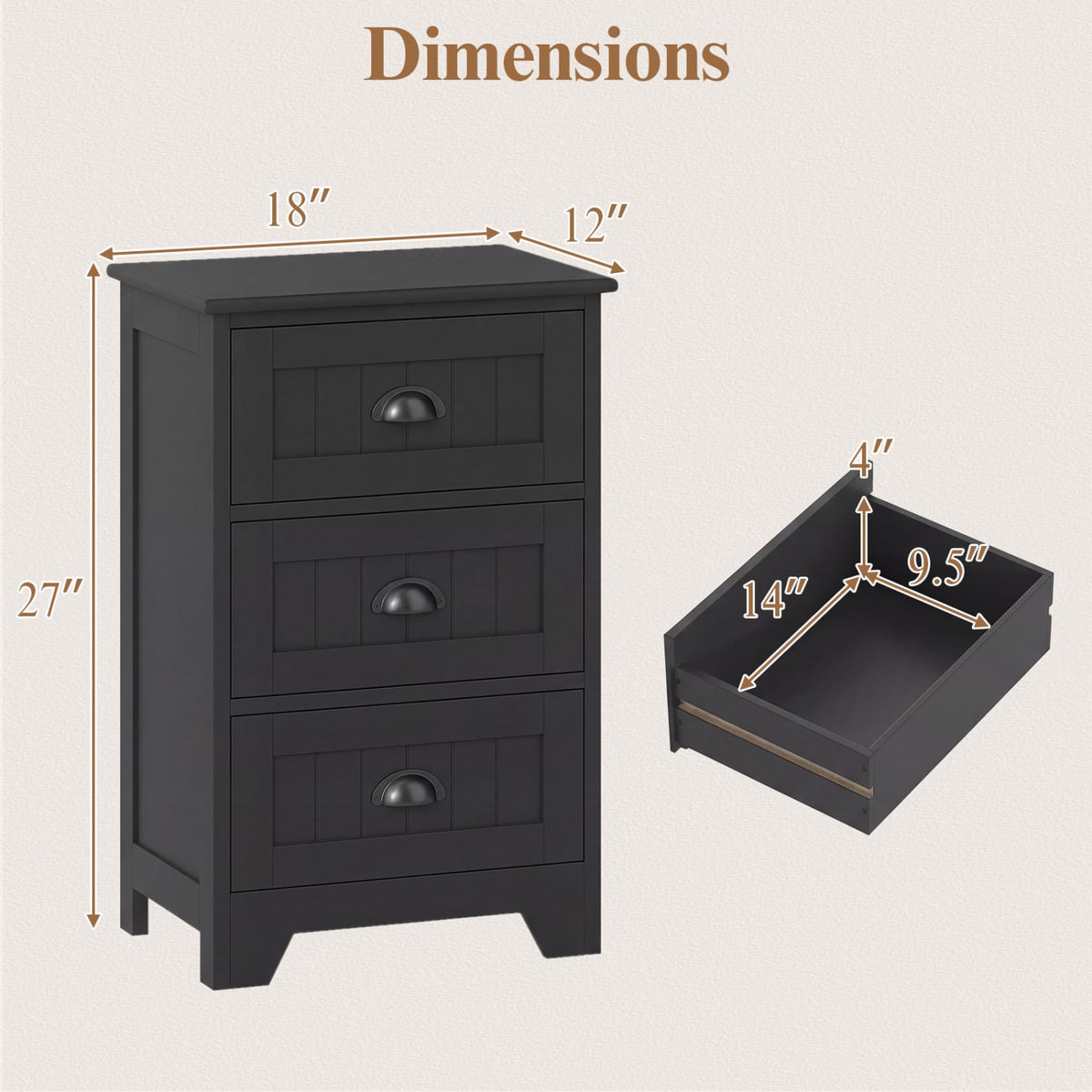 3 Drawers End Storage Wood Side Nightstand-Black-Nightstands-DECOROLALA