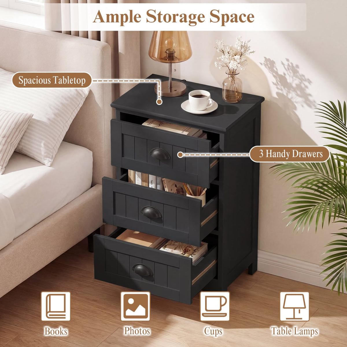 3 Drawers End Storage Wood Side Nightstand-Black-Nightstands-DECOROLALA
