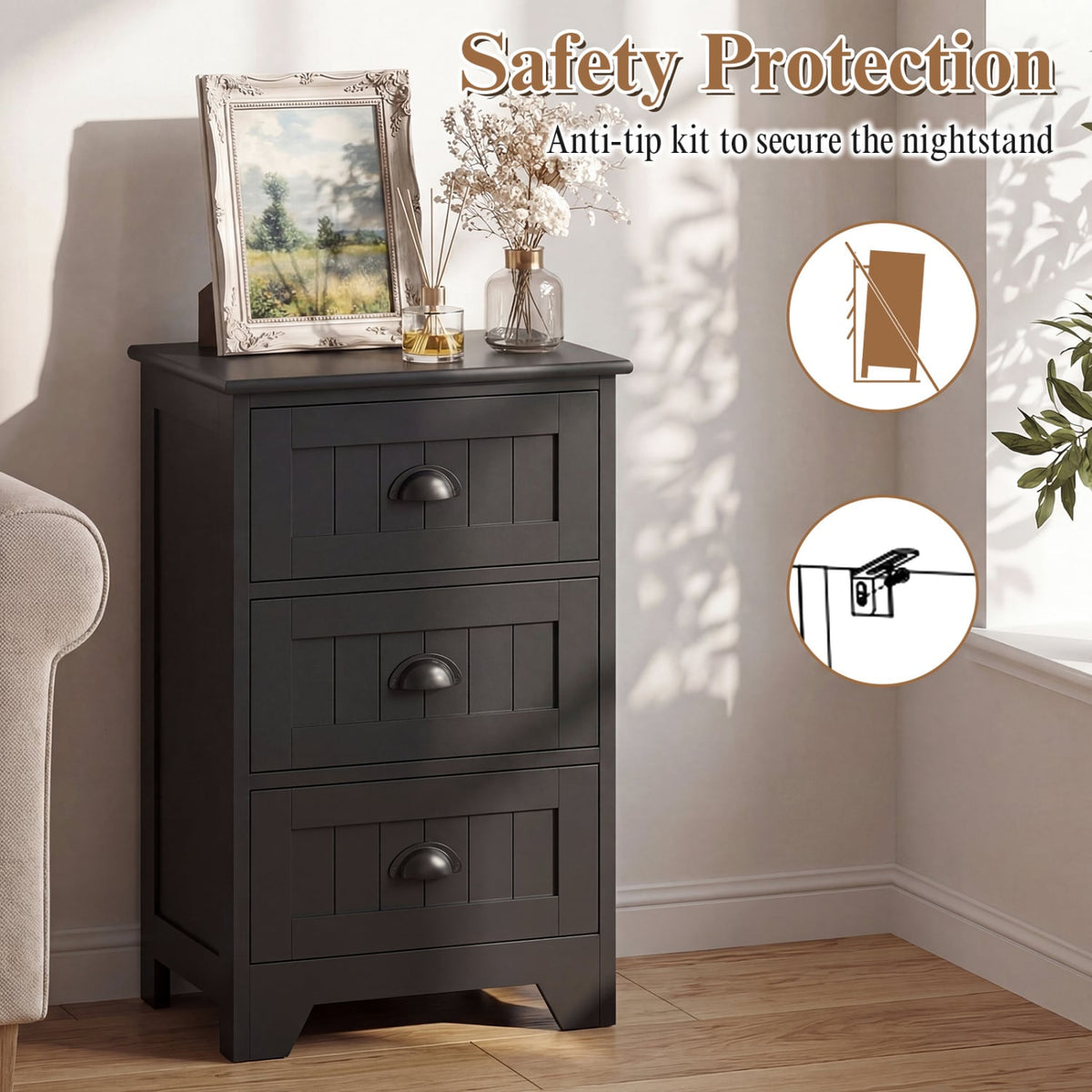 3 Drawers End Storage Wood Side Nightstand-Black-Nightstands-DECOROLALA