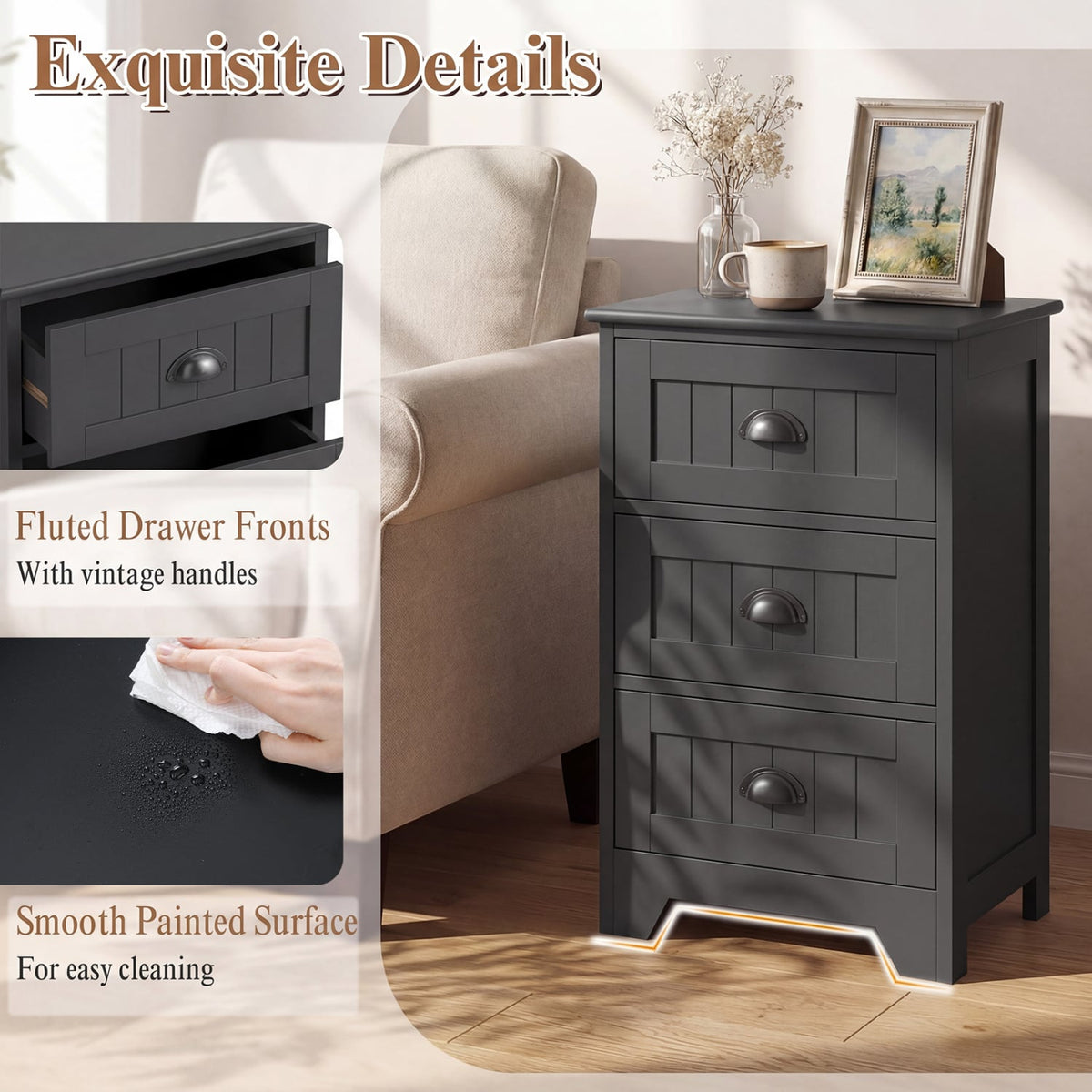 3 Drawers End Storage Wood Side Nightstand-Black-Nightstands-DECOROLALA