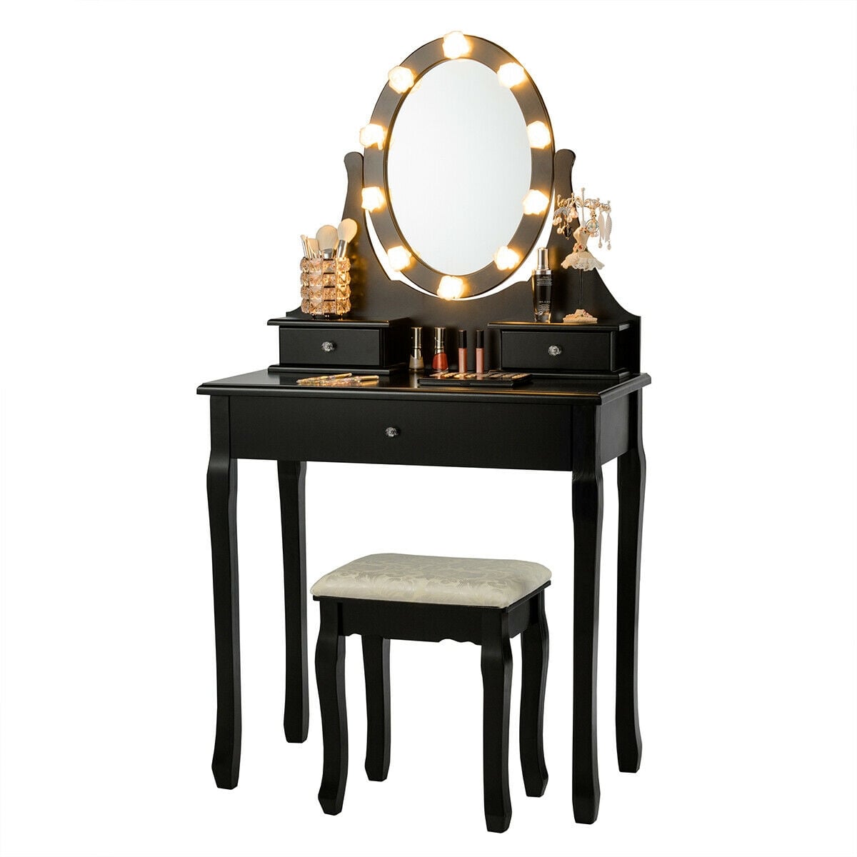 3 Drawers Lighted Mirror Vanity Dressing Table Stool Set-Black-Makeup Vanities-DECOROLALA