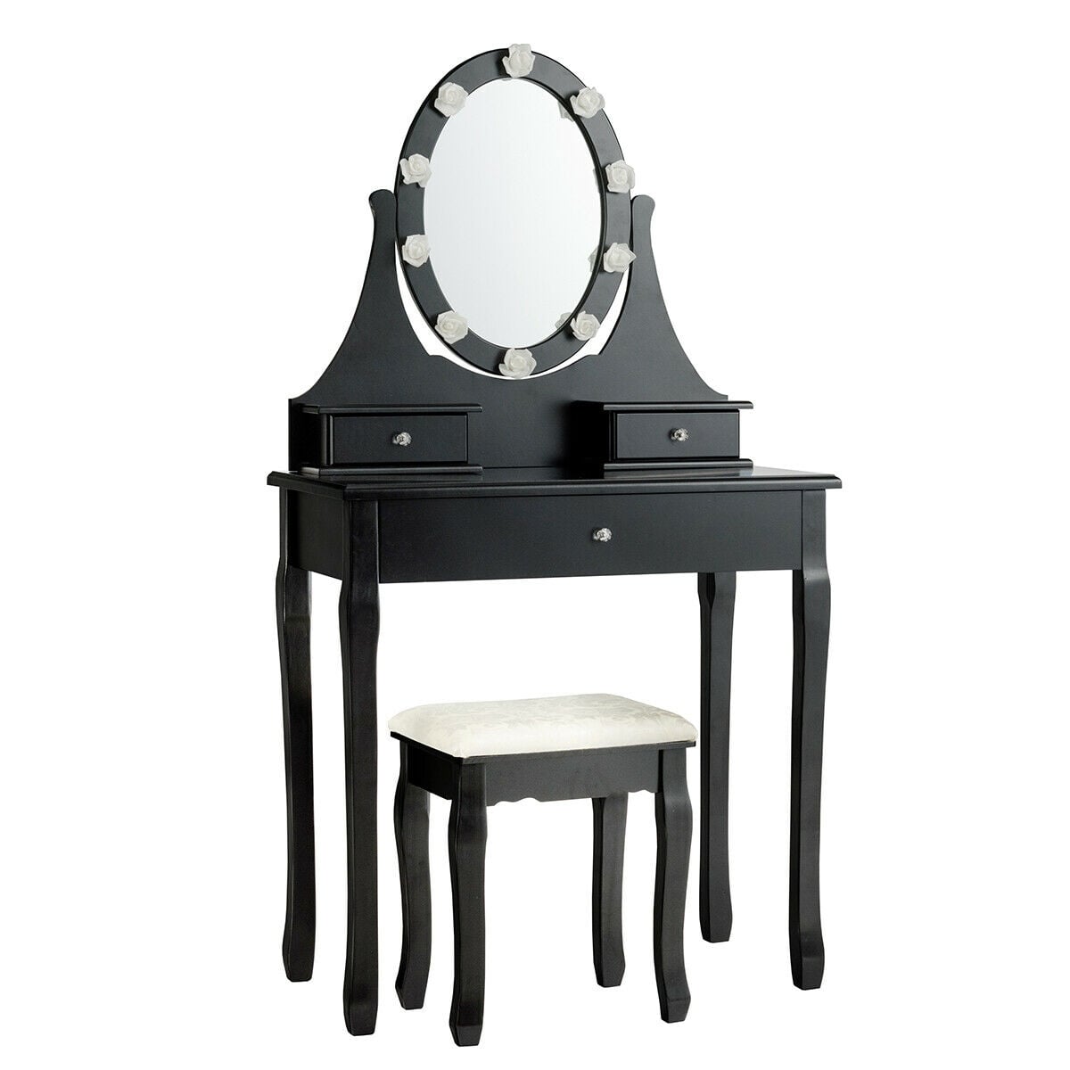 3 Drawers Lighted Mirror Vanity Dressing Table Stool Set-Black-Makeup Vanities-DECOROLALA