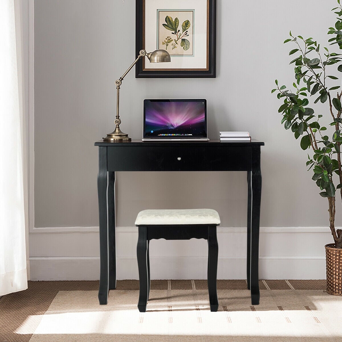 3 Drawers Lighted Mirror Vanity Dressing Table Stool Set-Black-Makeup Vanities-DECOROLALA