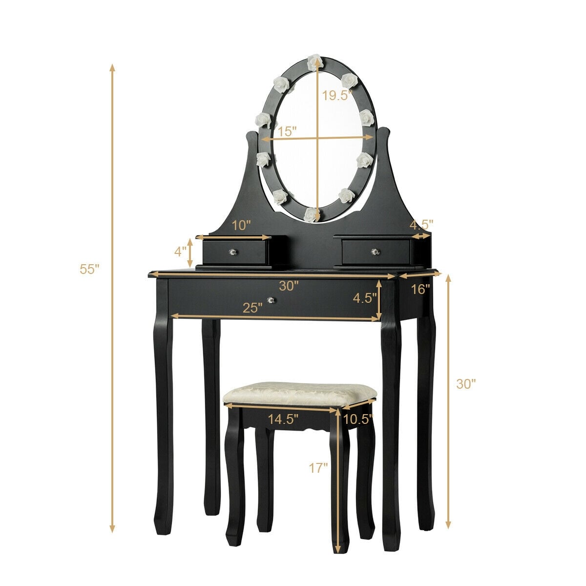 3 Drawers Lighted Mirror Vanity Dressing Table Stool Set-Black-Makeup Vanities-DECOROLALA