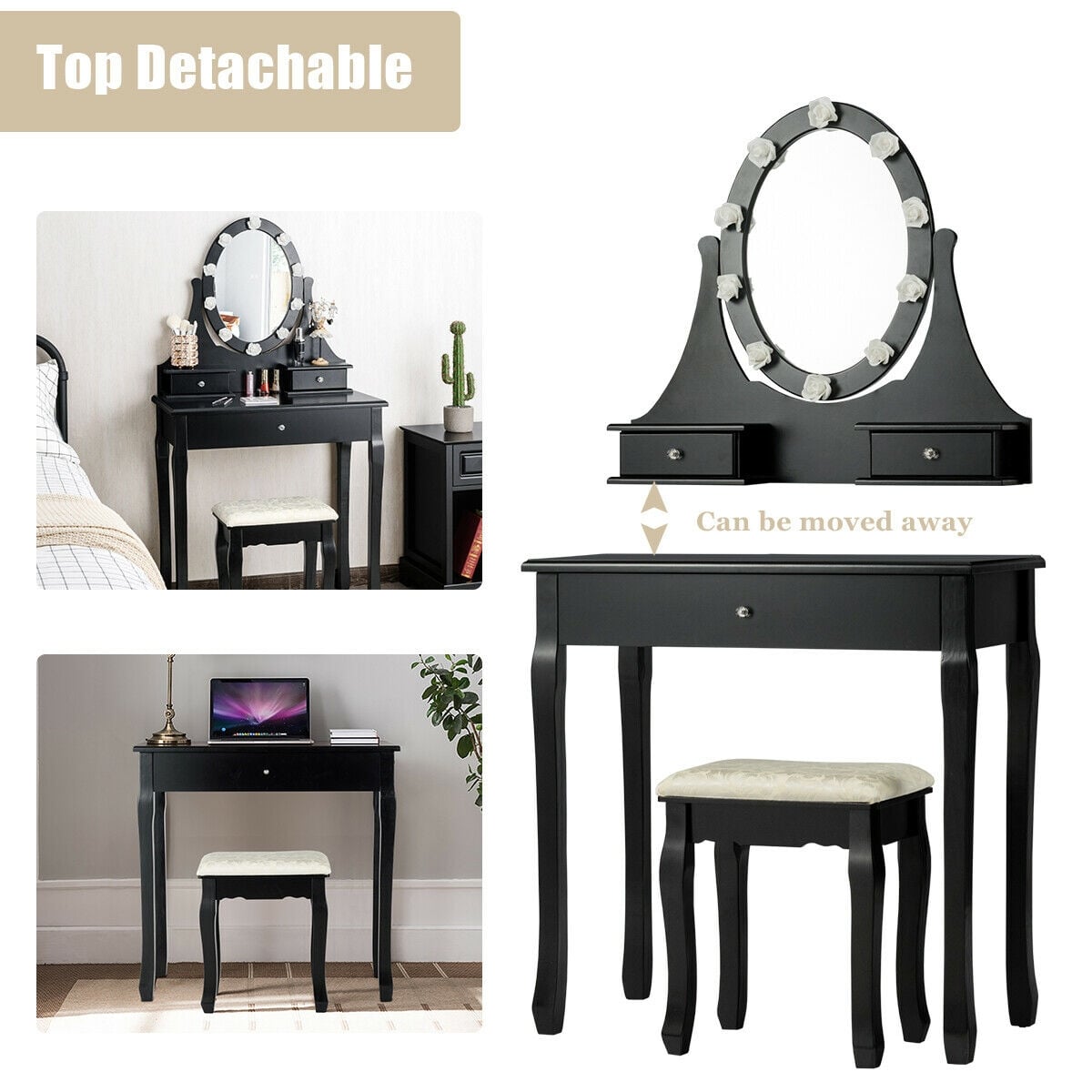 3 Drawers Lighted Mirror Vanity Dressing Table Stool Set-Black-Makeup Vanities-DECOROLALA