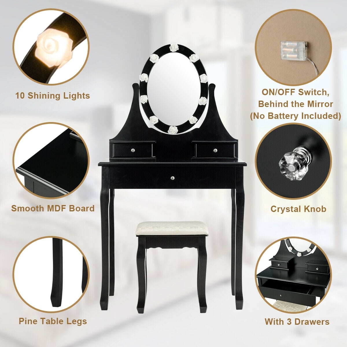 3 Drawers Lighted Mirror Vanity Dressing Table Stool Set-Black-Makeup Vanities-DECOROLALA