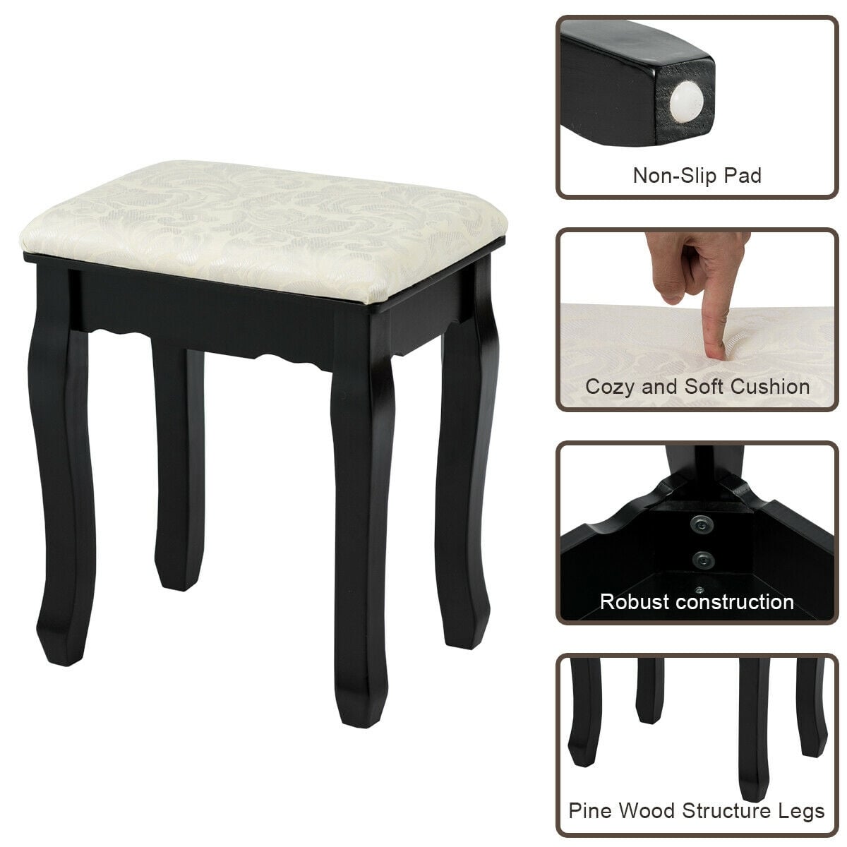 3 Drawers Lighted Mirror Vanity Dressing Table Stool Set-Black-Makeup Vanities-DECOROLALA