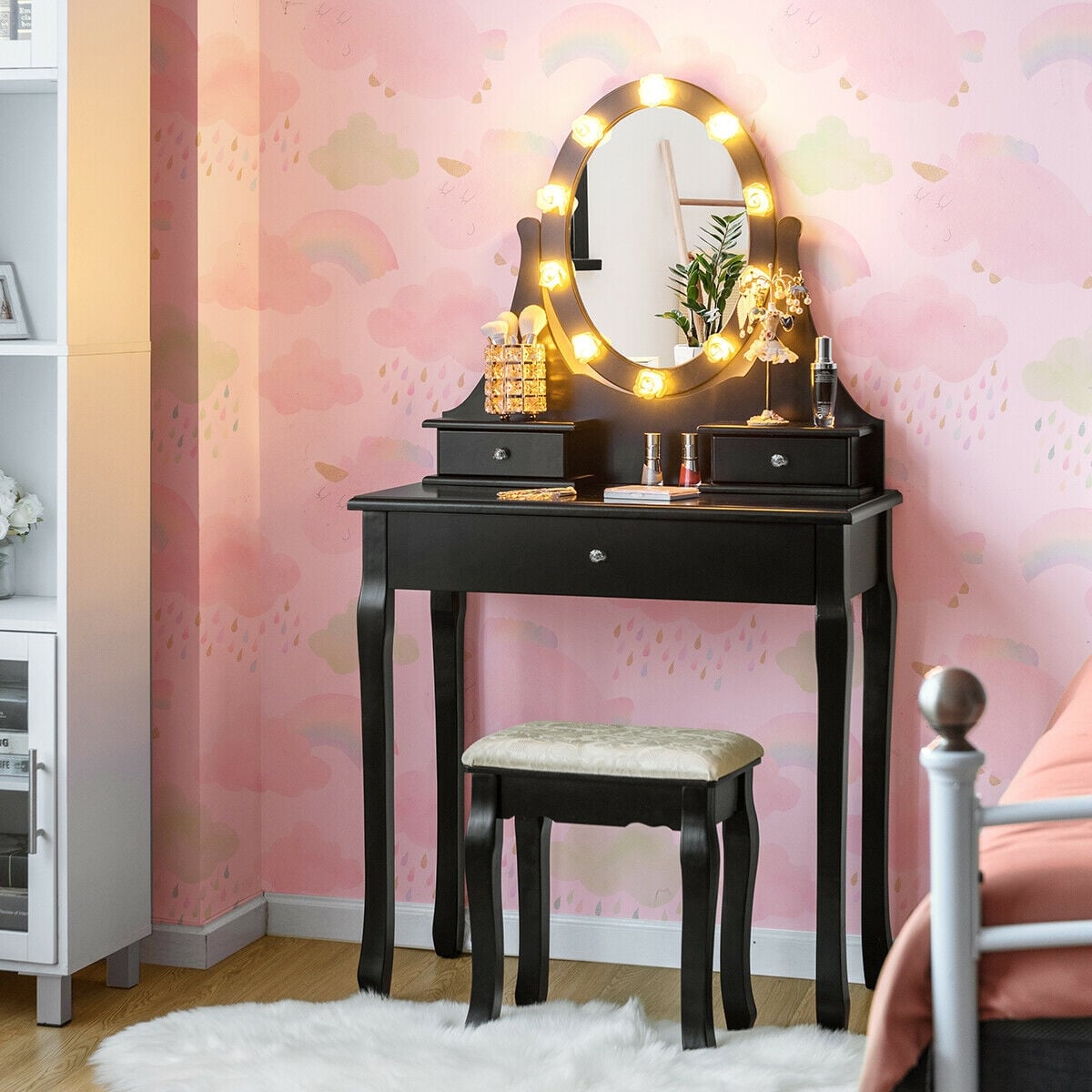 3 Drawers Lighted Mirror Vanity Dressing Table Stool Set-Black-Makeup Vanities-DECOROLALA