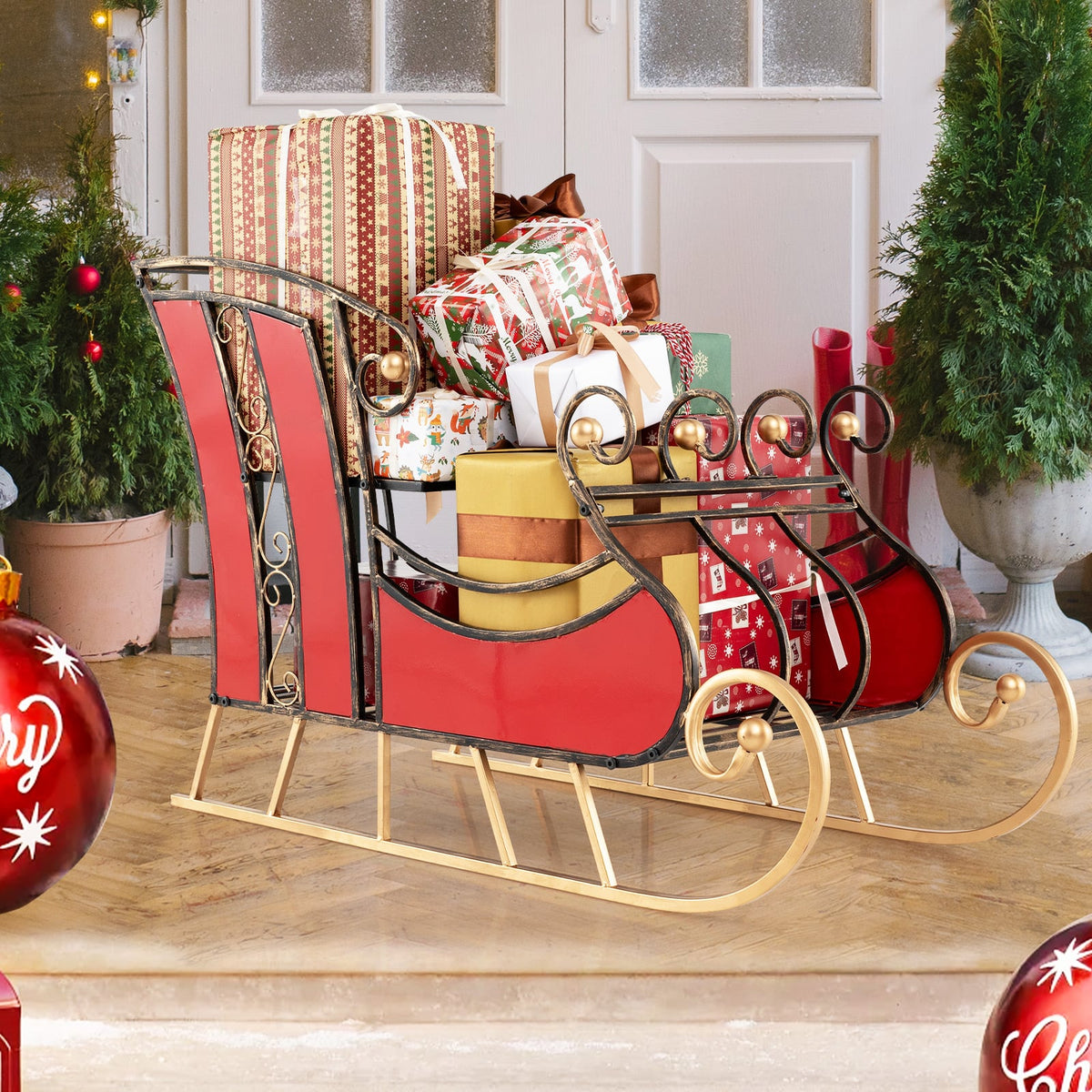 3 FT Christmas Metal Sleigh Decoration Santa Sleigh with 2-Tier Storage Shelf-Christmas Decorations & Accessories-DECOROLALA