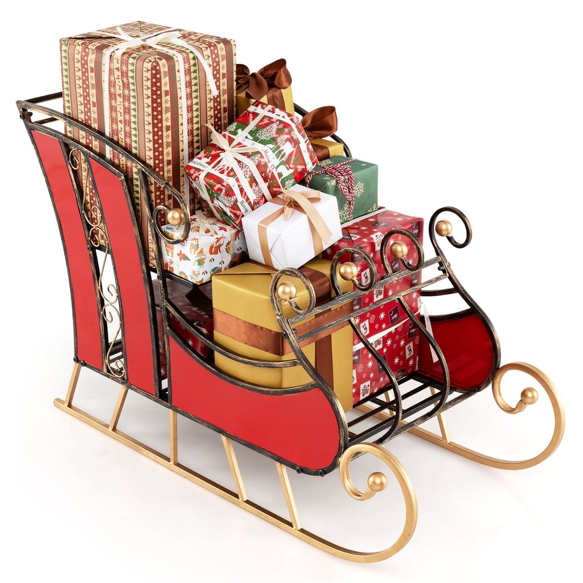 3 FT Christmas Metal Sleigh Decoration Santa Sleigh with 2-Tier Storage Shelf-Christmas Decorations & Accessories-DECOROLALA