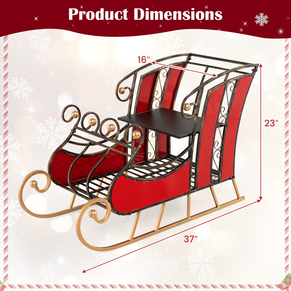 3 FT Christmas Metal Sleigh Decoration Santa Sleigh with 2-Tier Storage Shelf-Christmas Decorations & Accessories-DECOROLALA