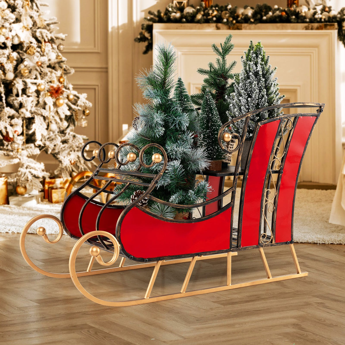 3 FT Christmas Metal Sleigh Decoration Santa Sleigh with 2-Tier Storage Shelf-Christmas Decorations & Accessories-DECOROLALA