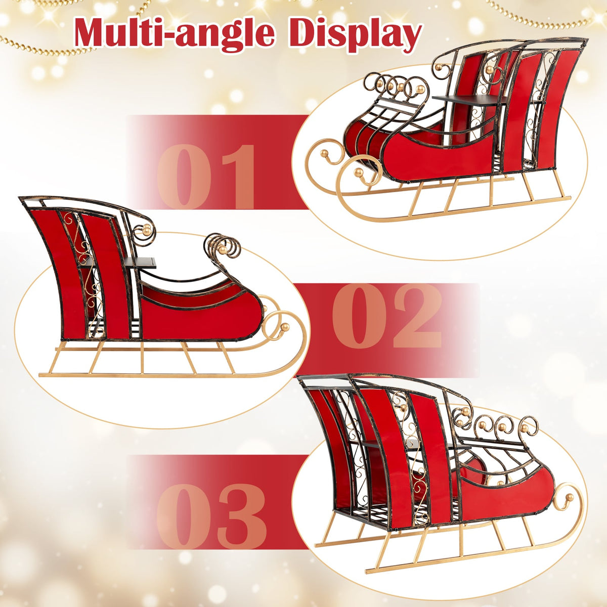 3 FT Christmas Metal Sleigh Decoration Santa Sleigh with 2-Tier Storage Shelf-Christmas Decorations & Accessories-DECOROLALA