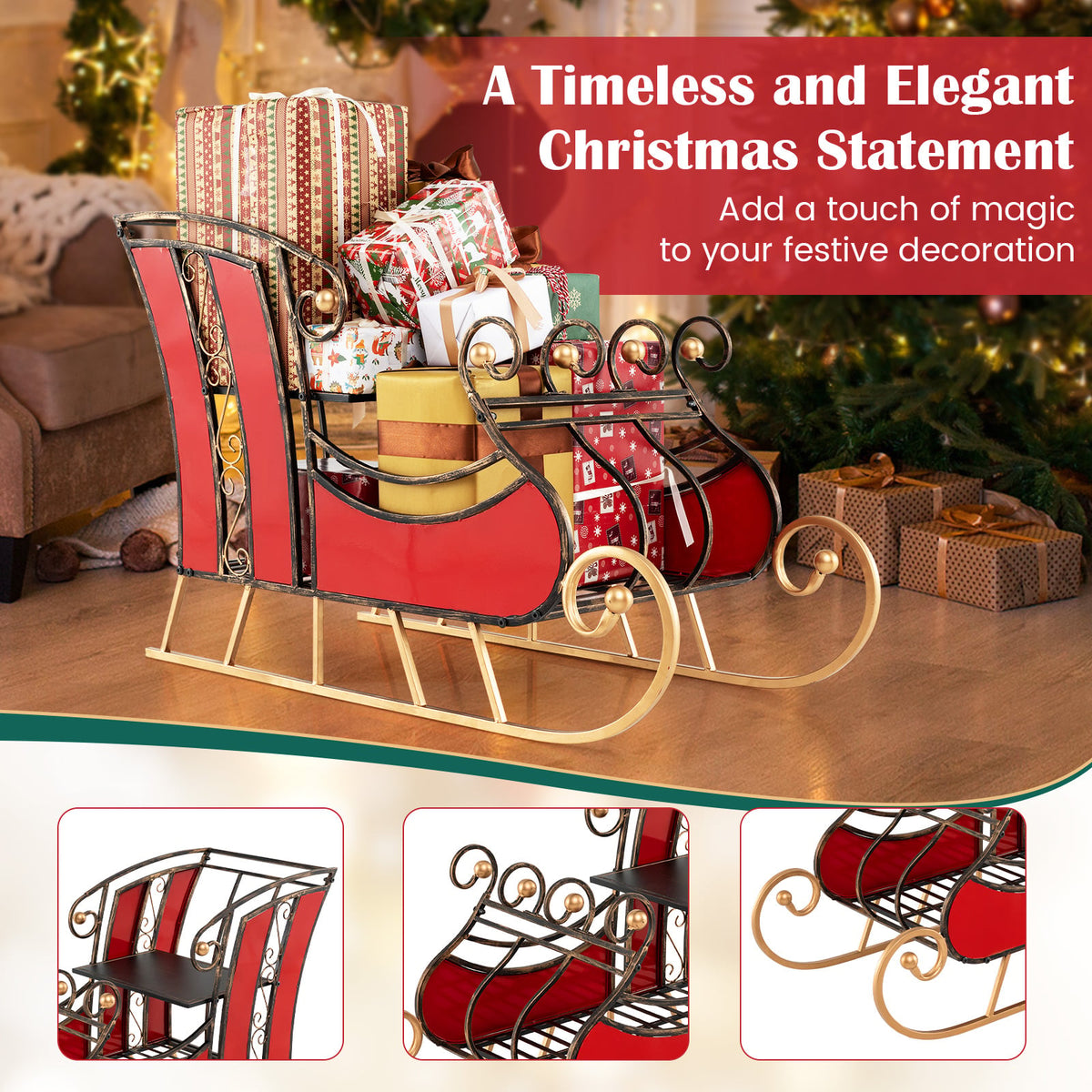 3 FT Christmas Metal Sleigh Decoration Santa Sleigh with 2-Tier Storage Shelf-Christmas Decorations & Accessories-DECOROLALA