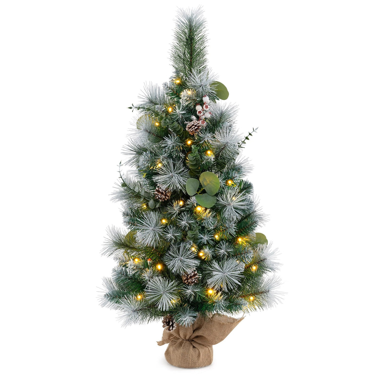 3 FT Pre-Lit Artificial Mini Christmas Tree with 98 Flocked PVC and Pine Needles-Christmas Trees-DECOROLALA