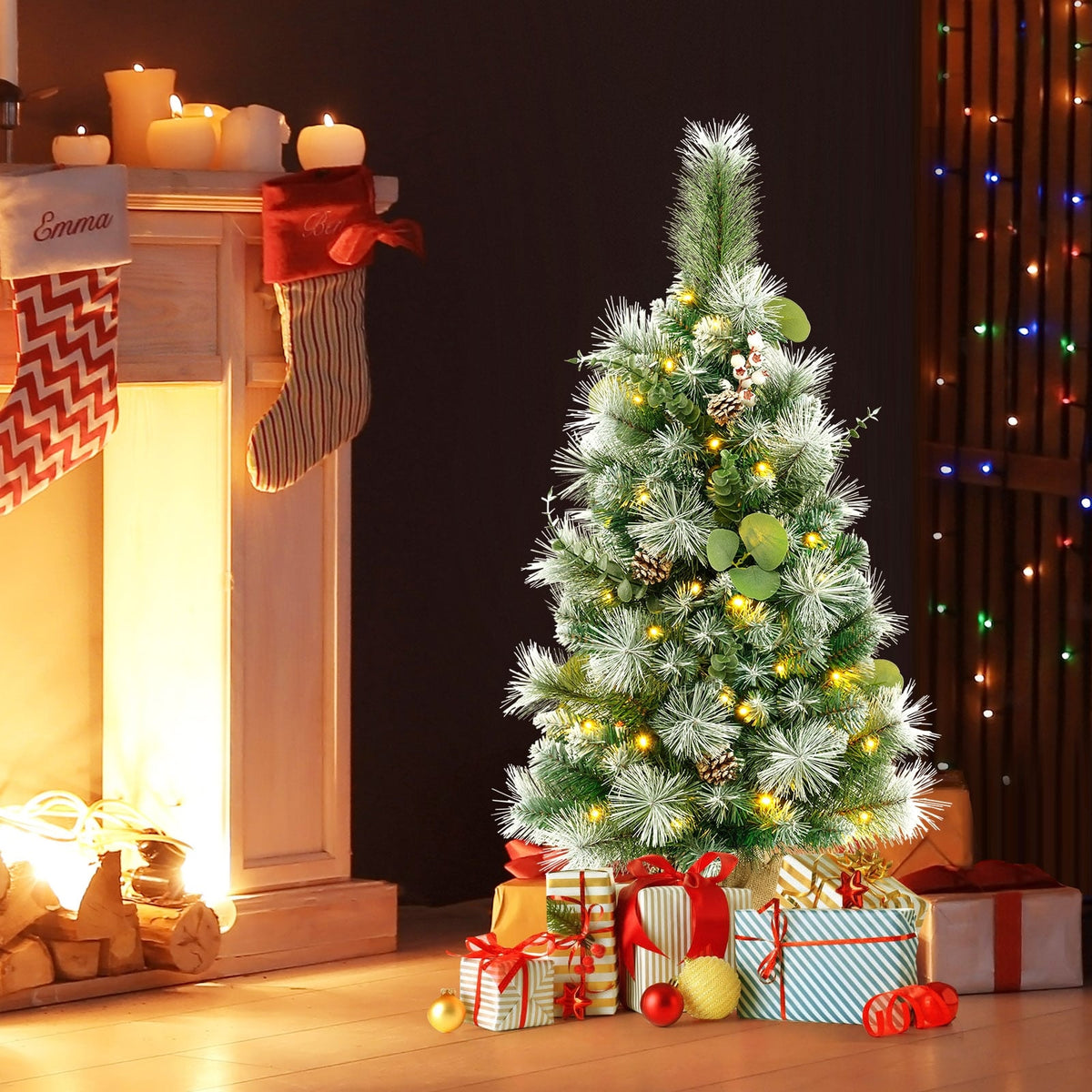 3 FT Pre-Lit Artificial Mini Christmas Tree with 98 Flocked PVC and Pine Needles-Christmas Trees-DECOROLALA