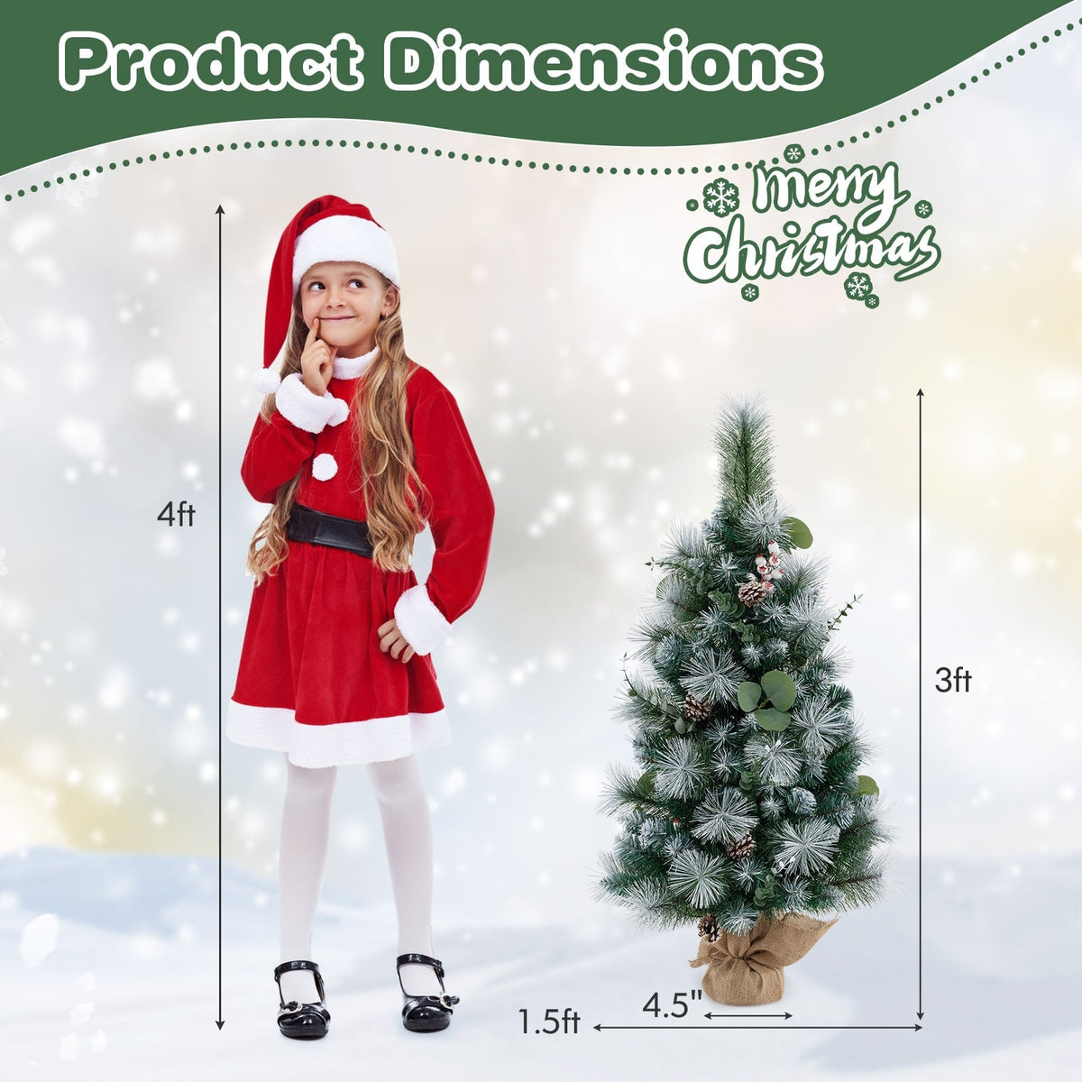 3 FT Pre-Lit Artificial Mini Christmas Tree with 98 Flocked PVC and Pine Needles-Christmas Trees-DECOROLALA