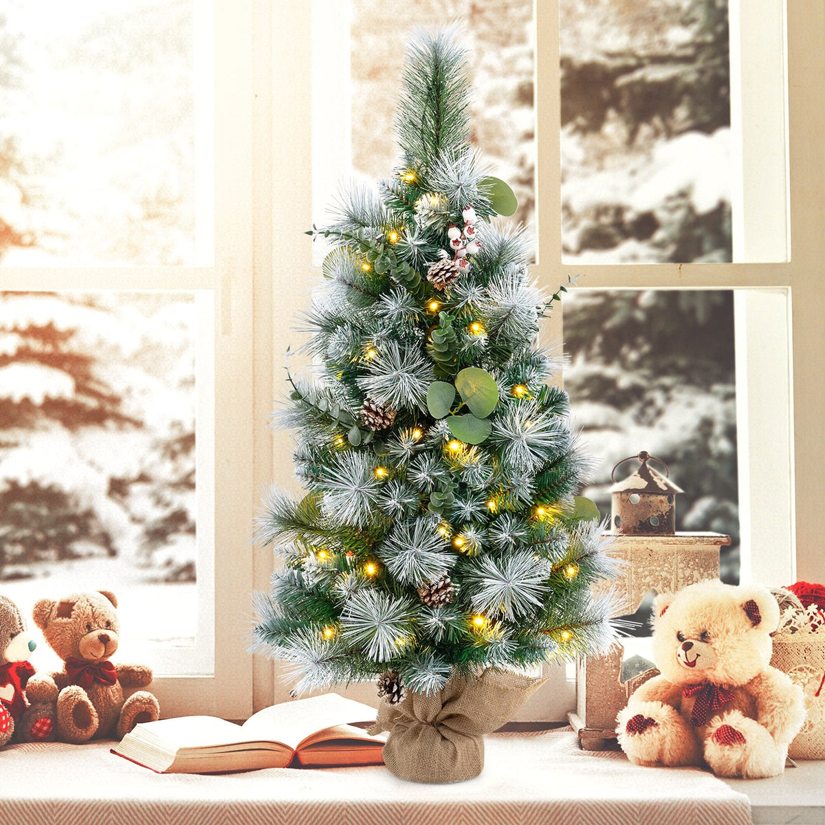 3 FT Pre-Lit Artificial Mini Christmas Tree with 98 Flocked PVC and Pine Needles-Christmas Trees-DECOROLALA