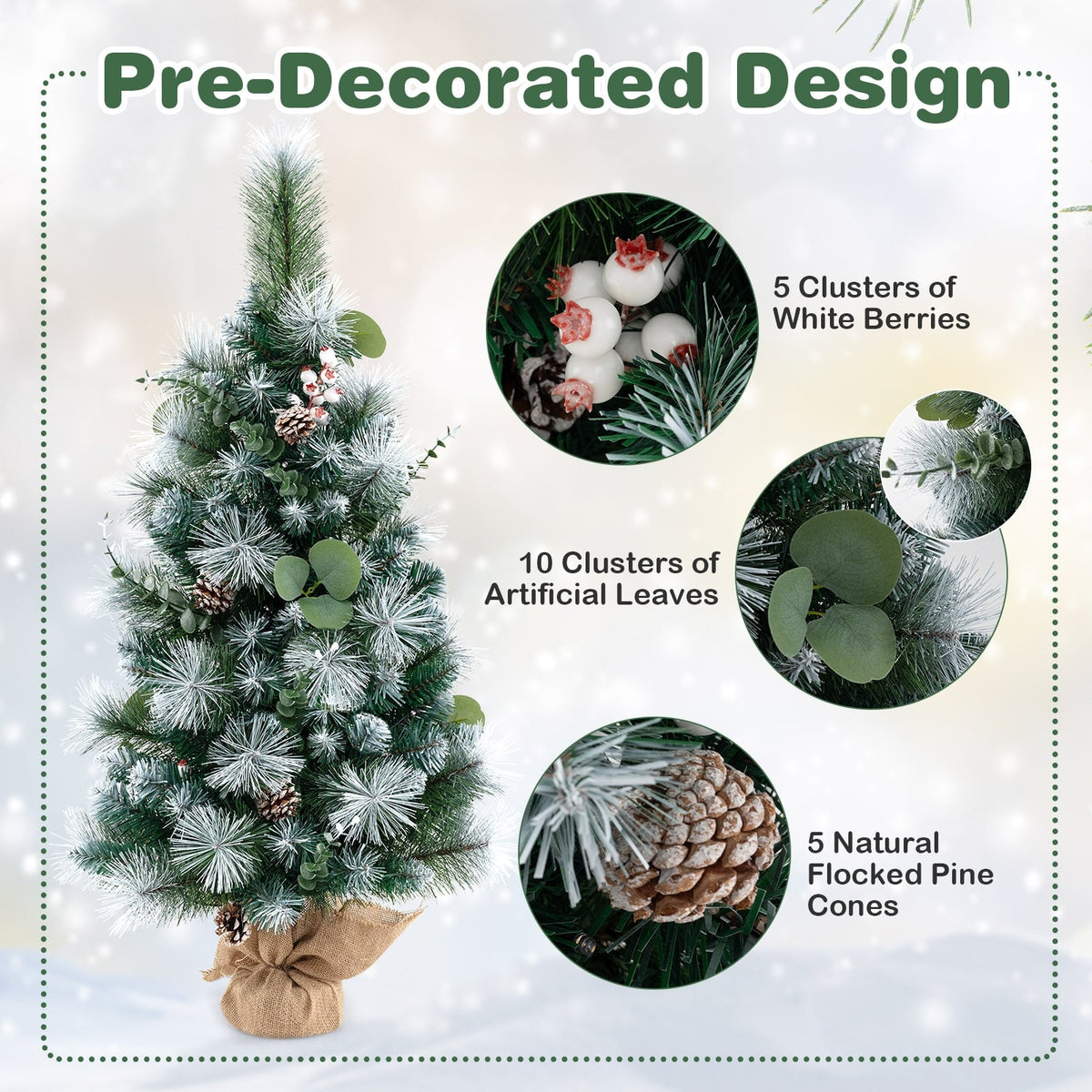 3 FT Pre-Lit Artificial Mini Christmas Tree with 98 Flocked PVC and Pine Needles-Christmas Trees-DECOROLALA