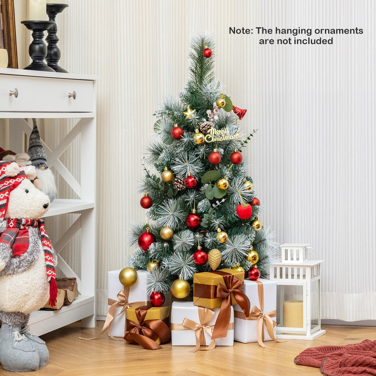 3 FT Pre-Lit Artificial Mini Christmas Tree with 98 Flocked PVC and Pine Needles-Christmas Trees-DECOROLALA