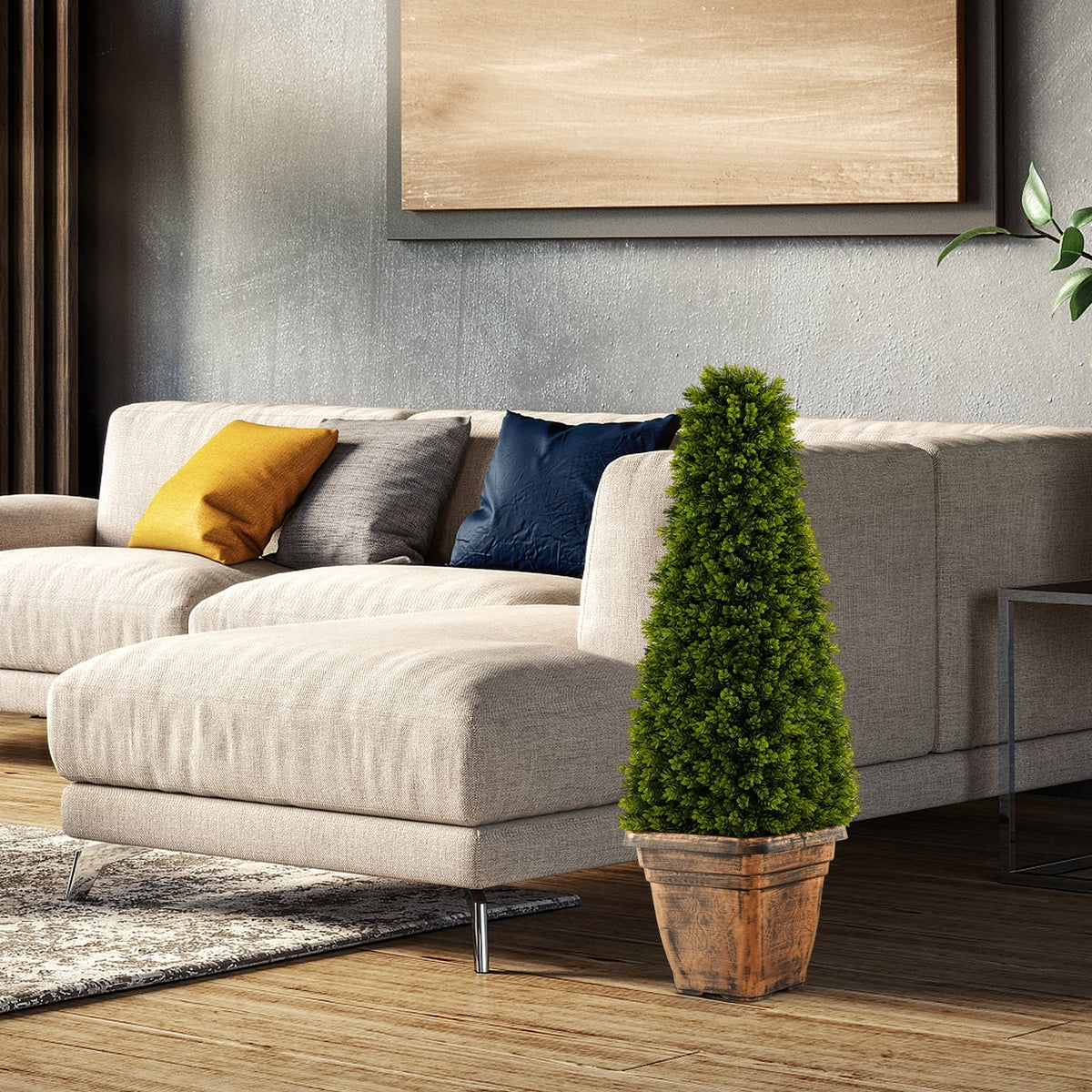 3 Feet Artificial Boxwood Topiary Tree with Cement Flowerpot-Green-Artificial Plants-DECOROLALA
